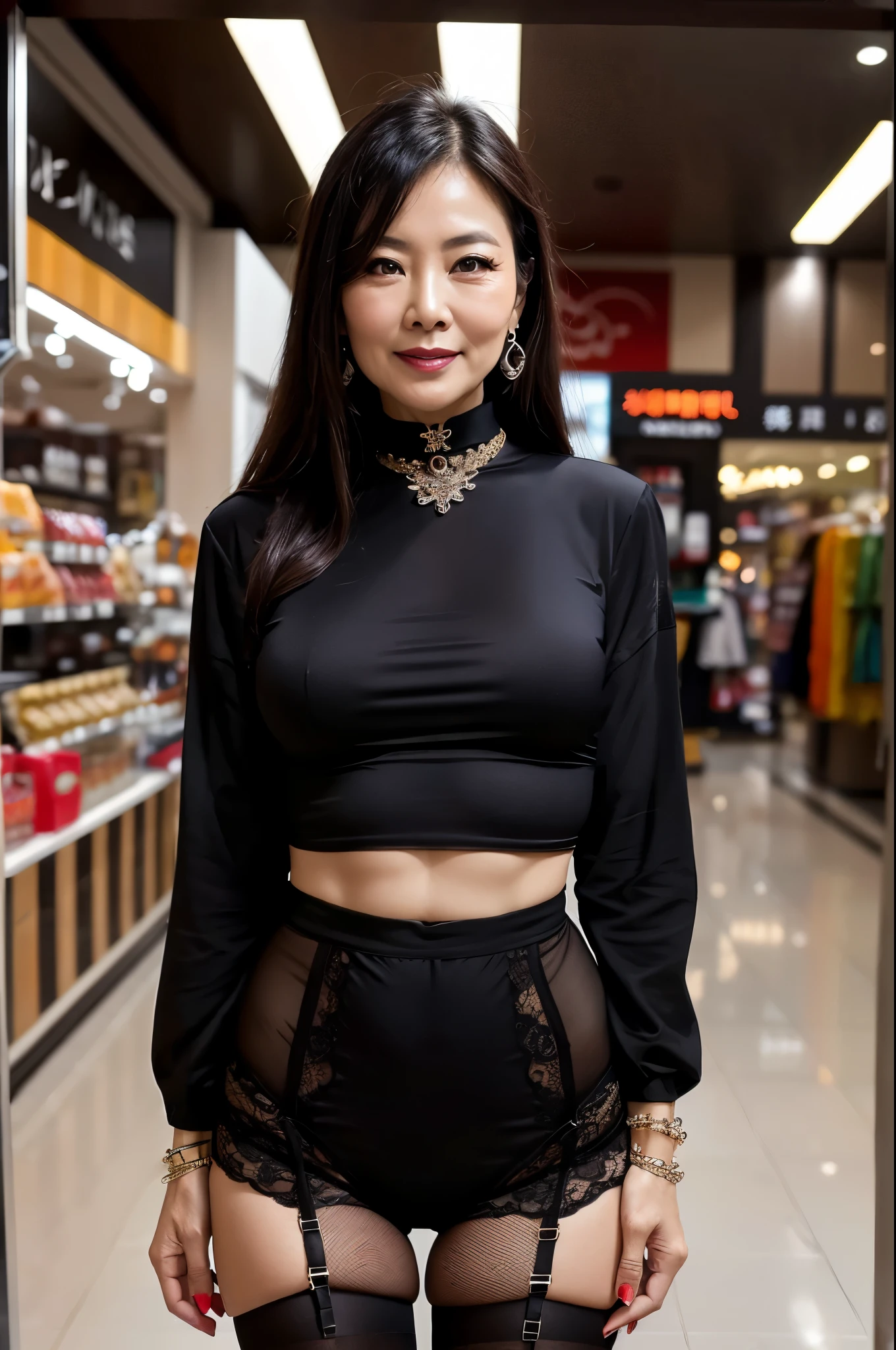 75 years old　Mom　MILF　Chinese Lady　large earring　Big choker　navel piercing decoration　A bracelet　Silver Hair　realisitic　Gorgeous Madame Beautiful Mature Woman　sexy　Smile　Gentle woman navel piercing　４K　High quality shopping mall　Garter Stockings　Gorgeous Madame Beautiful Mature Woman