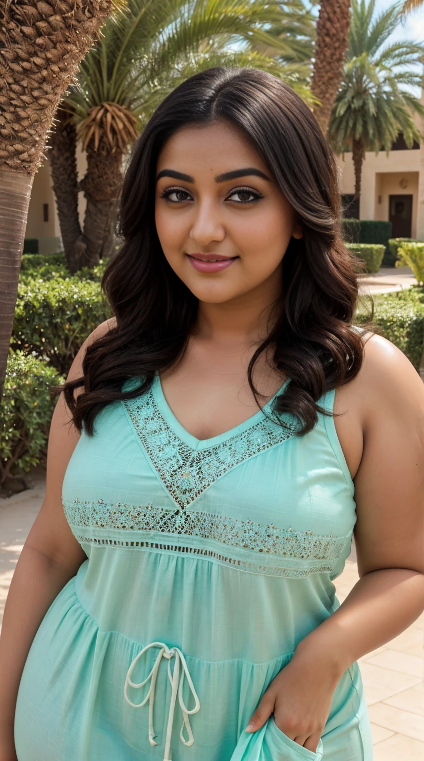 monali thakur Indian beautiful actress curvy plus size hour glass bulky figure woman, closeup camera view, wearingROMWE Hippie Plus Size Summer Casual Sun Embroidery Side Drawstring Tank Top, different style hairstyle, bright eyes, thin eyebrows, fair skin, blushing cheeks, prefect head to toe view, full body view, Arabian Desert Oasis: A lush oasis in the desert with palm trees, water, and exotic beauty. smile face, black hair, Indian face, perfect skin tone light, ultra realistic skin texture
