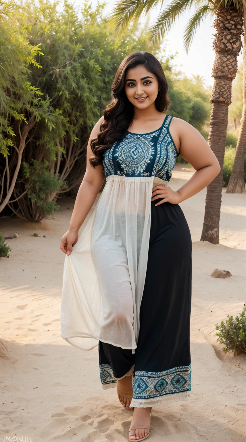monali thakur Indian beautiful actress curvy plus size hour glass bulky figure woman, closeup camera view, wearingROMWE Hippie Plus Size Summer Casual Sun Embroidery Side Drawstring Tank Top, different style hairstyle, bright eyes, thin eyebrows, fair skin, blushing cheeks, prefect head to toe view, full body view, Arabian Desert Oasis: A lush oasis in the desert with palm trees, water, and exotic beauty. smile face, black hair, Indian face, perfect skin tone light, ultra realistic skin texture
