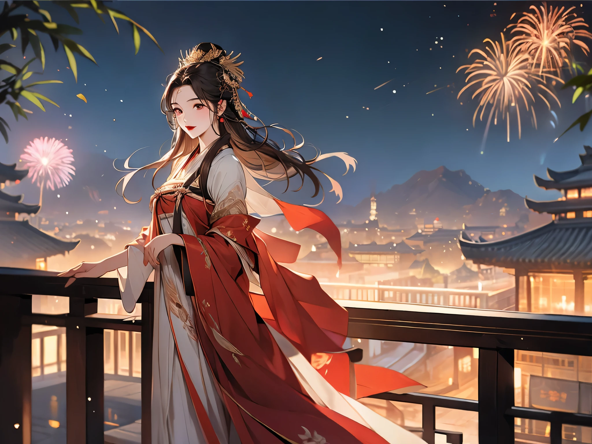 one Ancient woman, whole body, (Clear focus:1.2), Tang Dynasty, Ancient Changan, Beautiful woman with slim body, ((Dark brown hair, fine face, medium Breasts)), (Beautiful Hanfu, Tang style, Vest Dress), best quailty clothes texture, (High detailed face), (best skin texture), Delicate eyes, red lips, litle smile, ((beautiful hands)), break, background, Chinese Tang Dynasty Ancient buildings, Changan, Ancient Capital, prosperity night, (Night view of the ancient capital), (wooden balcony), wind, floating flower, Trees, ((flying Red-crowned crane)), cloud, Night Sky, star night, fireworks, Detailed background, background blur, layer cut, perfect layer transition, Best CG, CG unity, Octane Render, ((best quality)), (masterpiece), 8k, (highres), super detail, best quality, UHD, ccurate
