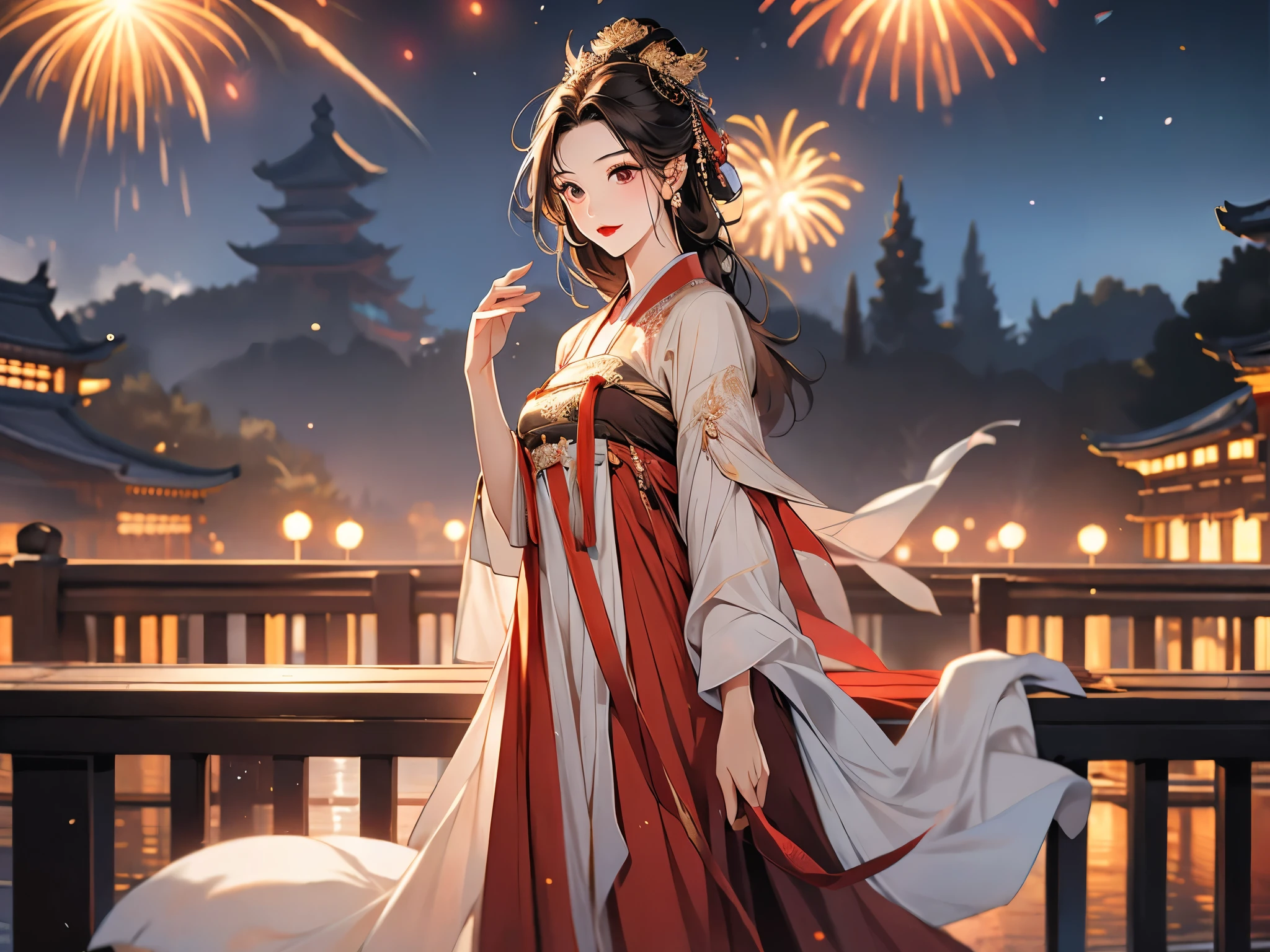 one Ancient woman, whole body, (Clear focus:1.2), Tang Dynasty, Ancient Changan, Beautiful woman with slim body, ((Dark brown hair, fine face, medium Breasts)), (Beautiful Hanfu, Tang style, Vest Dress), best quailty clothes texture, (High detailed face), (best skin texture), Delicate eyes, red lips, litle smile, ((beautiful hands)), break, background, Chinese Tang Dynasty Ancient buildings, Changan, Ancient Capital, prosperity night, (Night view of the ancient capital), (wooden balcony), wind, floating flower, Trees, ((flying Red-crowned crane)), cloud, Night Sky, star night, fireworks, Detailed background, background blur, layer cut, perfect layer transition, Best CG, CG unity, Octane Render, ((best quality)), (masterpiece), 8k, (highres), super detail, best quality, UHD, ccurate