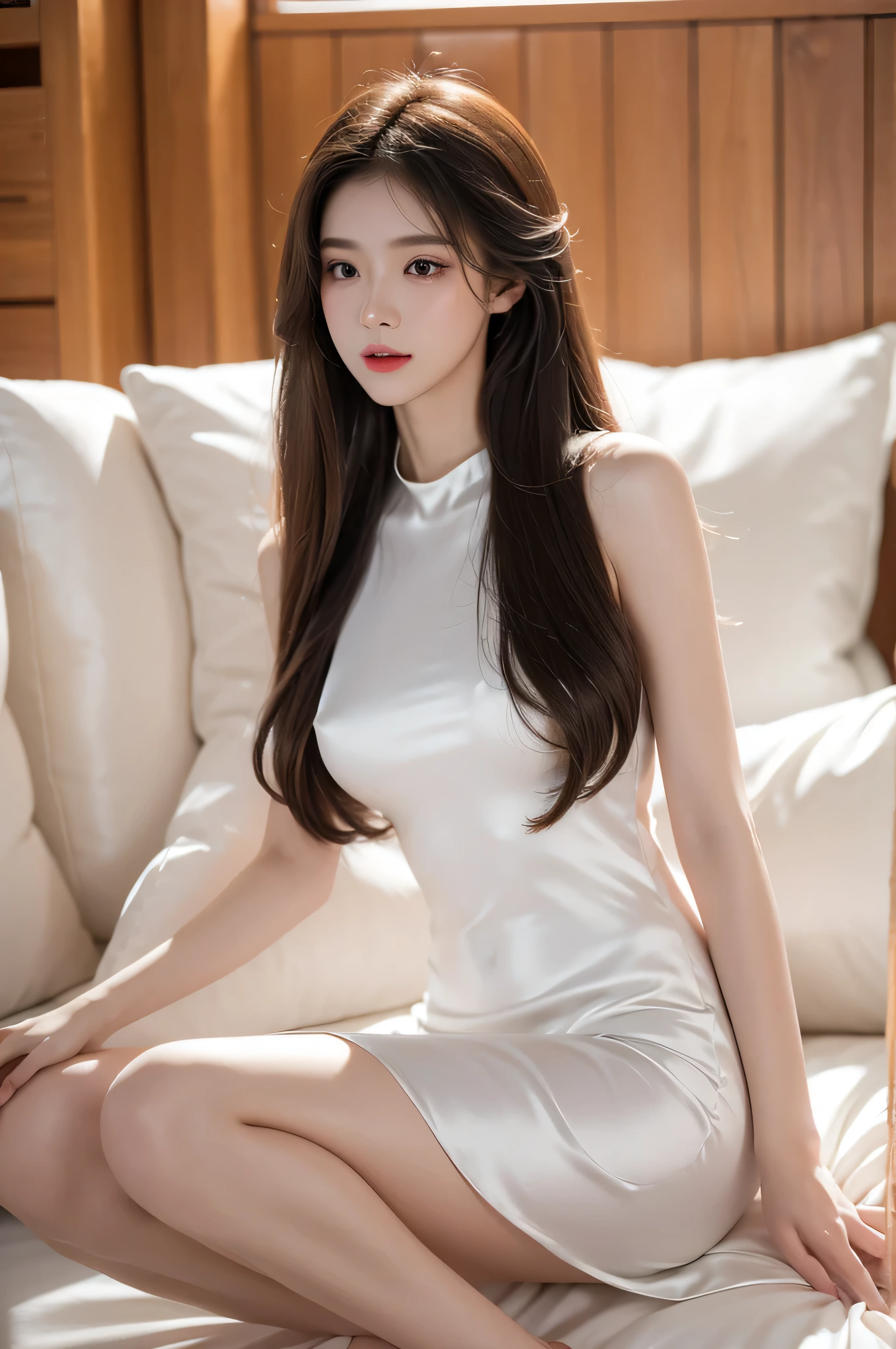 Fair, masterpiece, best quality, Extremely detailed face,1 girl, Solitary，Light White Silk Dress，whole body