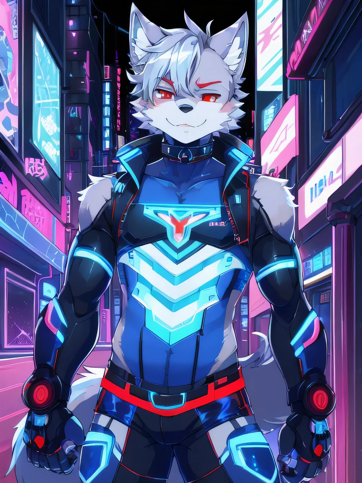 masterpiece, perfect anatomy, solo, 1boy, Furry, kemono, furry wolf, anthropomorphic, male, silver fur, silver skin, red eyes, femboy, cyberpunk clothes, revealing clothes, ((blue clothing)), cyberpunk city, strip club, uploaded on e621, Cyberpunk technology. cybernetics,