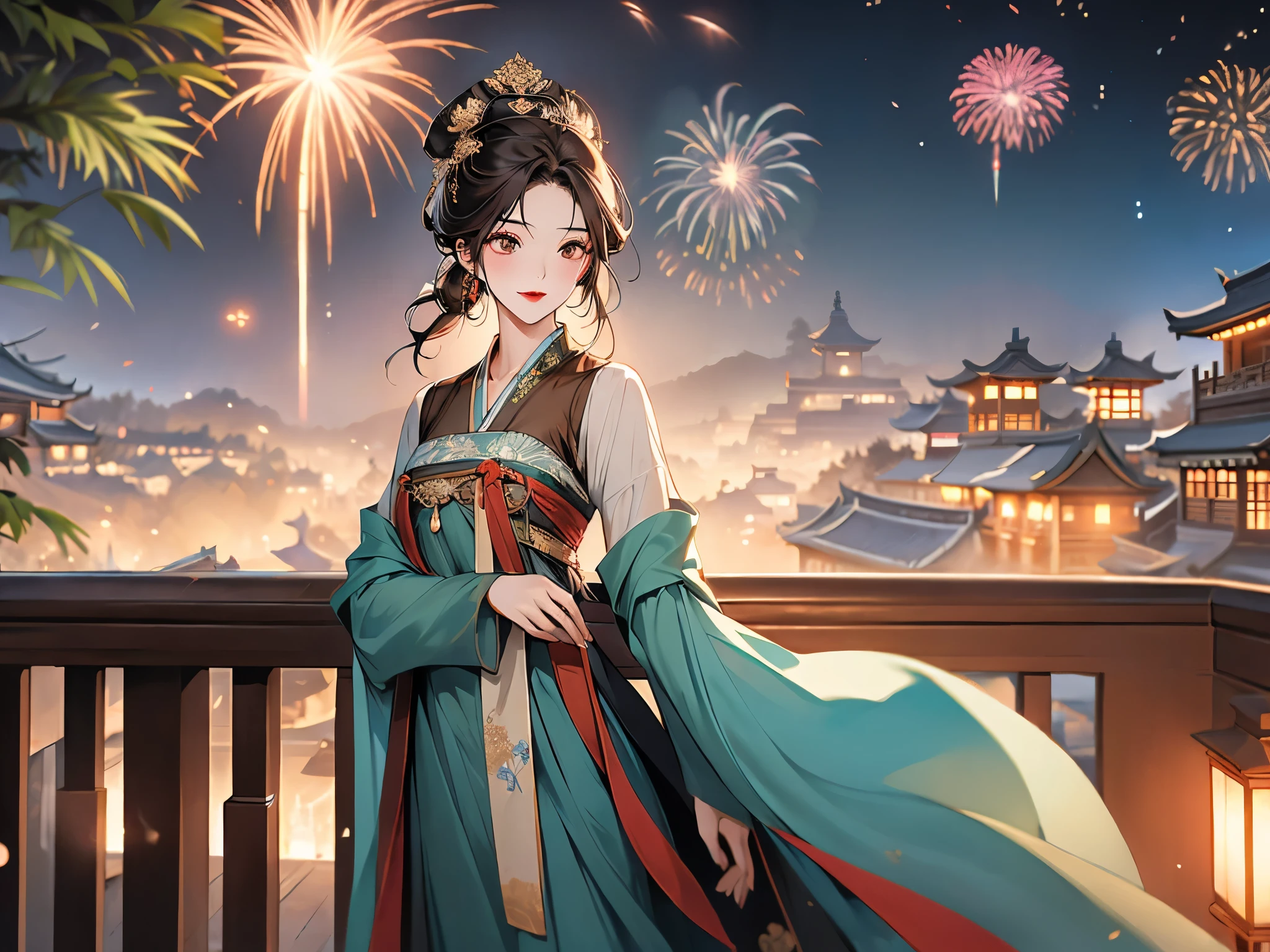 one Ancient woman, whole body, (Clear focus:1.2), Tang Dynasty, Ancient Changan, Beautiful woman with slim body, ((Dark brown hair, fine face, medium Breasts)), (Beautiful Hanfu, Tang style, Vest Dress), best quailty clothes texture, (High detailed face), (best skin texture), Delicate eyes, red lips, litle smile, ((beautiful hands)), break, illustration, background, Chinese Tang Dynasty Ancient buildings, Ancient Capital, Changan, prosperity night, (Night view of the ancient Changan city), (wooden balcony), outdoor, wind, floating flower, Trees, ((flying Red-crowned crane)), cloud, Night Sky, star night, fireworks, Detailed background, background blur, layer cut, perfect layer transition, Best CG, CG unity, Octane Render, ((best quality)), (masterpiece), 8k, (highres), super detail, best quality, UHD, ccurate