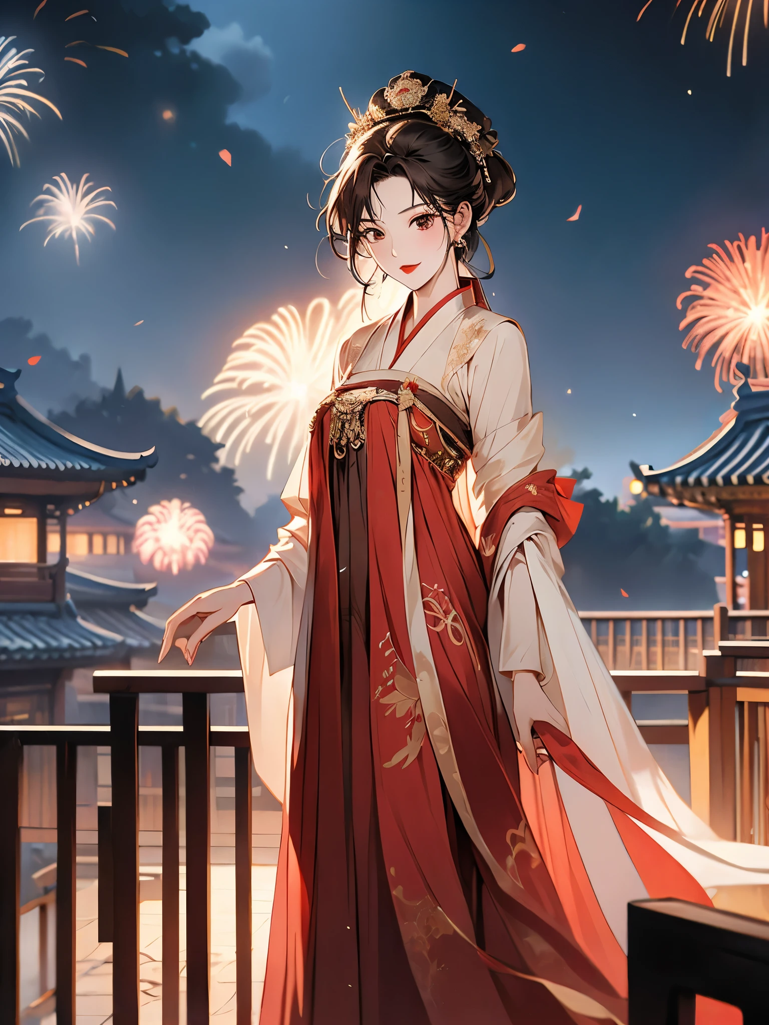 one Ancient woman, whole body, (Clear focus:1.2), Tang Dynasty, Ancient Changan, Beautiful woman with slim body, ((Dark brown hair, fine face, medium Breasts)), (Beautiful Hanfu, Tang style, Vest Dress), best quailty clothes texture, (High detailed face), (best skin texture), Delicate eyes, red lips, litle smile, ((beautiful hands)), break, illustration, background, Chinese Tang Dynasty Ancient buildings, Ancient Capital, Changan, prosperity night, (Night view of the ancient Changan city), (wooden balcony), outdoor, wind, floating flower, Trees, ((flying Red-crowned crane)), cloud, Night Sky, star night, fireworks, Detailed background, background blur, layer cut, perfect layer transition, Best CG, CG unity, Octane Render, ((best quality)), (masterpiece), 8k, (highres), super detail, best quality, UHD, ccurate