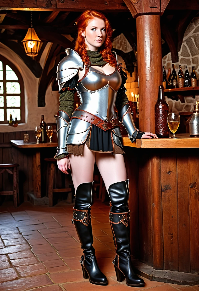 busty 25 year old redhead maiden in a fantasy armor, in a medieval tavern, thighboots