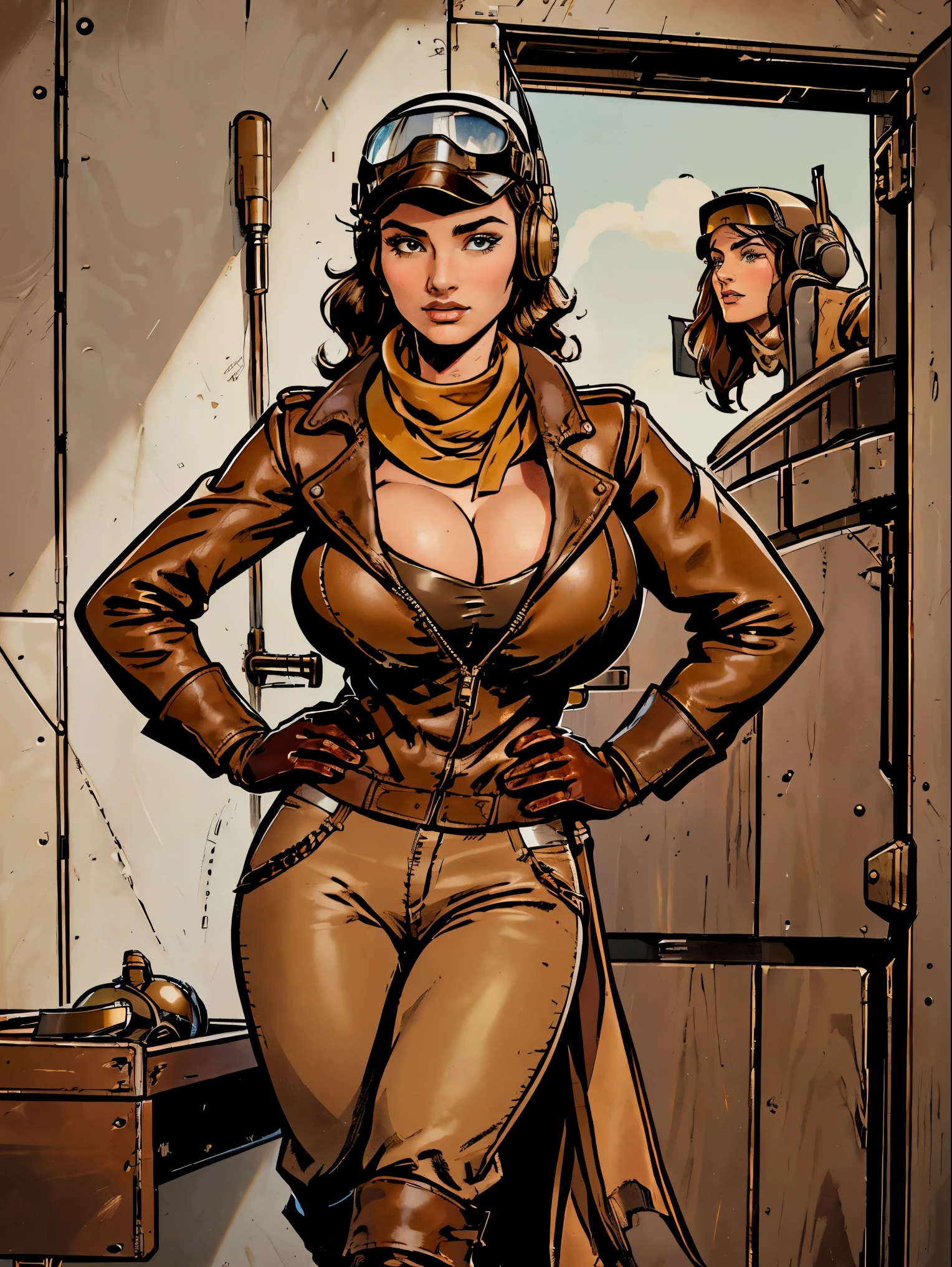 Gorgeous and sultry busty athletic brunette with sharp facial features and a (large nose) and (huge boobs) wearing a 1930’s pilot costume (brown leather jacket, fleece lining, pilot helmet, beige pants, boots, gloves, vintage headset, goggles, scarf) on a runway, prop plane