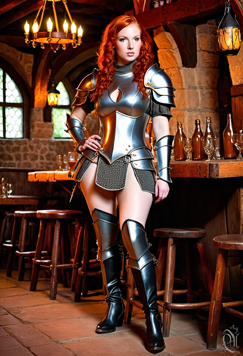 busty 25 year old redhead warrior in a fantasy armor, in a medieval tavern, thighboots
