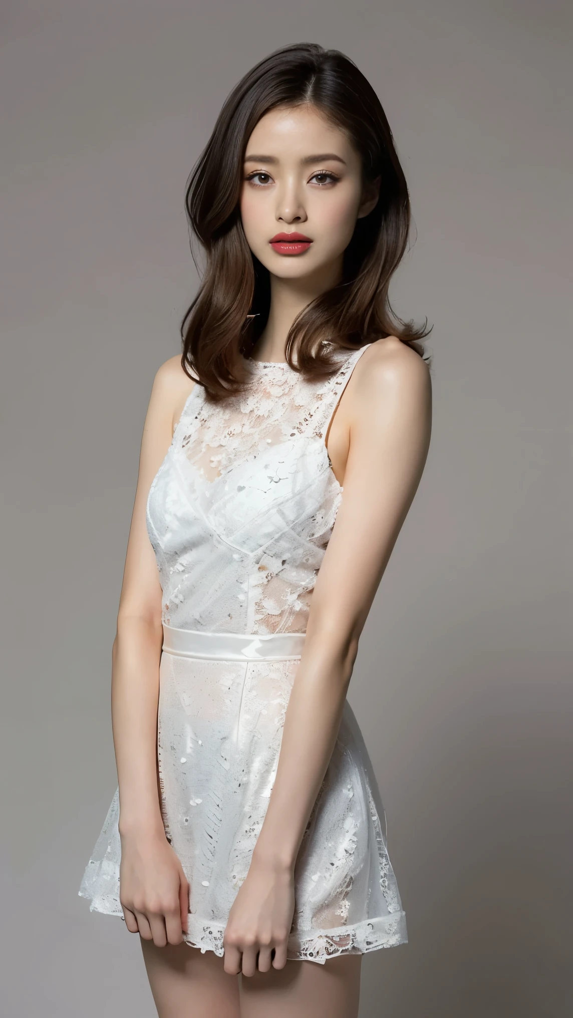 highest quality,masterpiece,Ultra-high resolution,(Actual:1.4),Original photo,Ultra-high resolution，8k，There are women，Fair skin、Sheer white lace mini dress，High heels，Long legs:1.5，Bright and beautiful，high waist，Flashy makeup using red eyeshadow，Gray background，