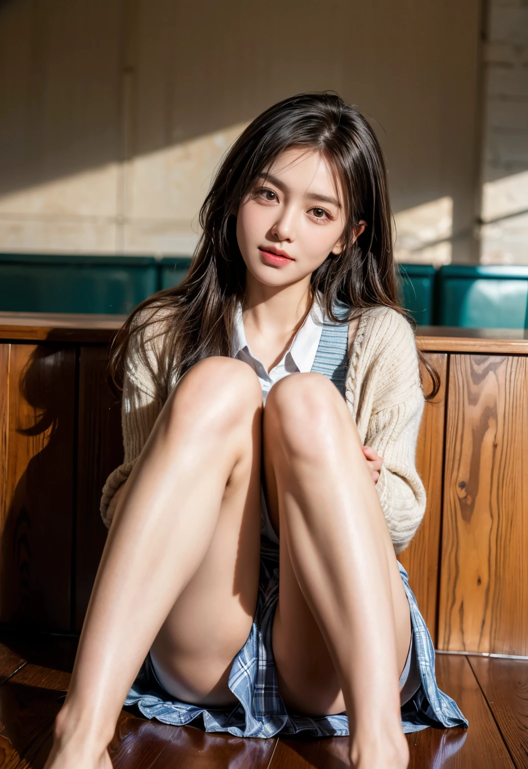 Ulzzang-6500-v1.1, (RAW Photos:1.2), (Realistic:1.4), Beautiful detailed girl, Very detailed eyes and face, Beautiful fine details, （Wet crotch:1.5）,Ridiculous, Incredibly Ridiculous, Large file size, （Very detailed:1.5）, High resolution, Very detailed, highest quality, Tabletop, ((school uniform,Cardigan)), figure, Very detailed, Hmph, Unified, 8k wallpaper, wonderful, The finer details, Tabletop, highest quality, Very detailed ticker integrated 8k wallpaper, Face Light, Cinema Lighting, One Girl, 20 years old, (()), ((Dynamic pose))), (Camel Toe), (half),  (Sitting legs with knees bent and legs apart))