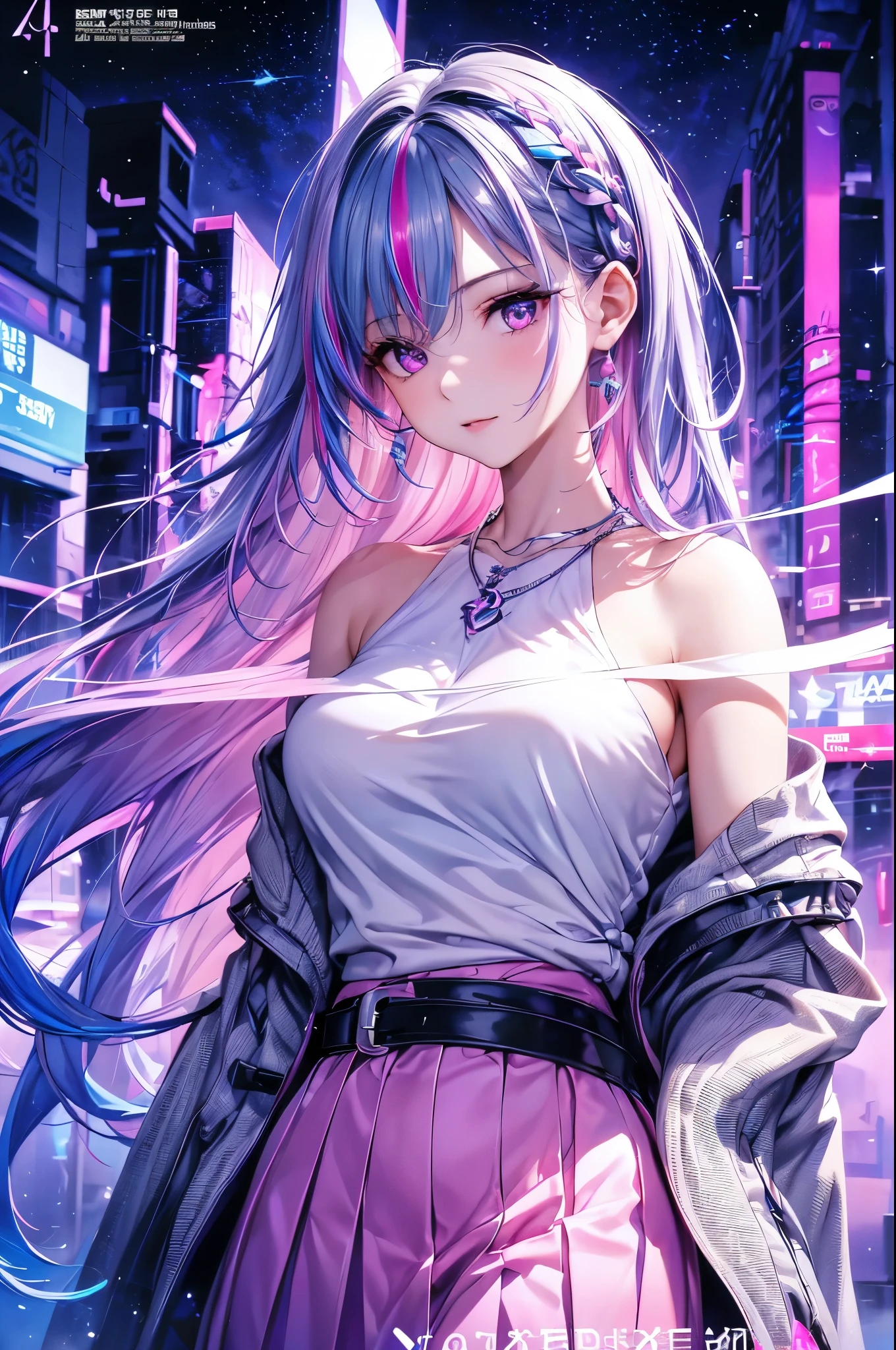 1 girl, 20 year old girl, one person, (Silver blue hair streaked pink purple:1.4), (Gradient sky blue hair ends:1.6), hair strand, absurdly long hair, single sidelock, wavy hair, shiny hair, floating hair, (Illusion deep purple eyes), delicate eyes, aqua eyes, super high detailed eyes, long upper eyelashes, ((glowing eyes)), makeup, Focus on face, Very detailed facial, Pretty Face, Perfect breasts, hot body, (Delicate skin texture:1.2), break, White extra long skirt, Fashion Clothing, necklace, Technical clothing masterpiece, on the street, looking at the starry night sky, meteor, cyberpunk, detailed background, perfect layer cut, clean focus, (magazine:1.3), (cover-style:1.3), Octane Render, Tyndall effect, lifelike, Dark Studio, Side light, Two-color lighting, realism, chiaroscuro, (glowing light), sparkle, ray tracing, cinematic lighting, Futurism, motion blur, atmospheric perspective, Depth of Field, Bokeh, best quality, UHD, super detail, masterpiece, highres, ccurate, retina, anatomically correct