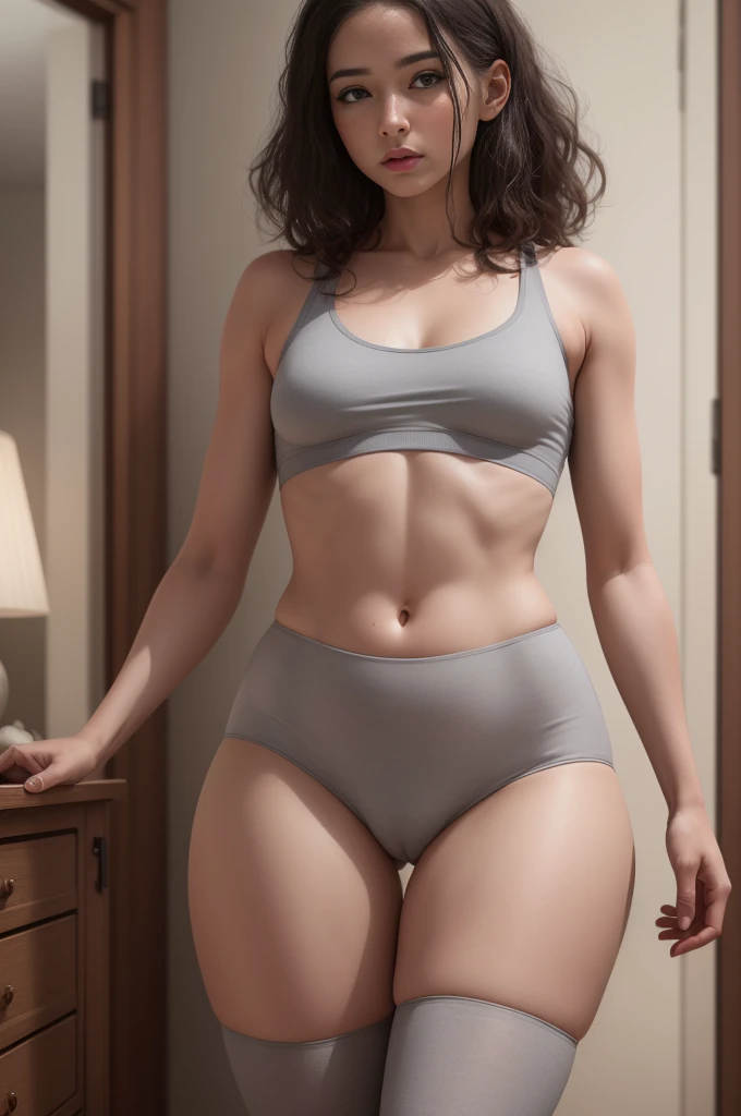 (((ultra realistic, ultra detailed, The best quality, 8k, HDR))), ((small, flat, woman, tight grey underwear)), (cameltoe), room