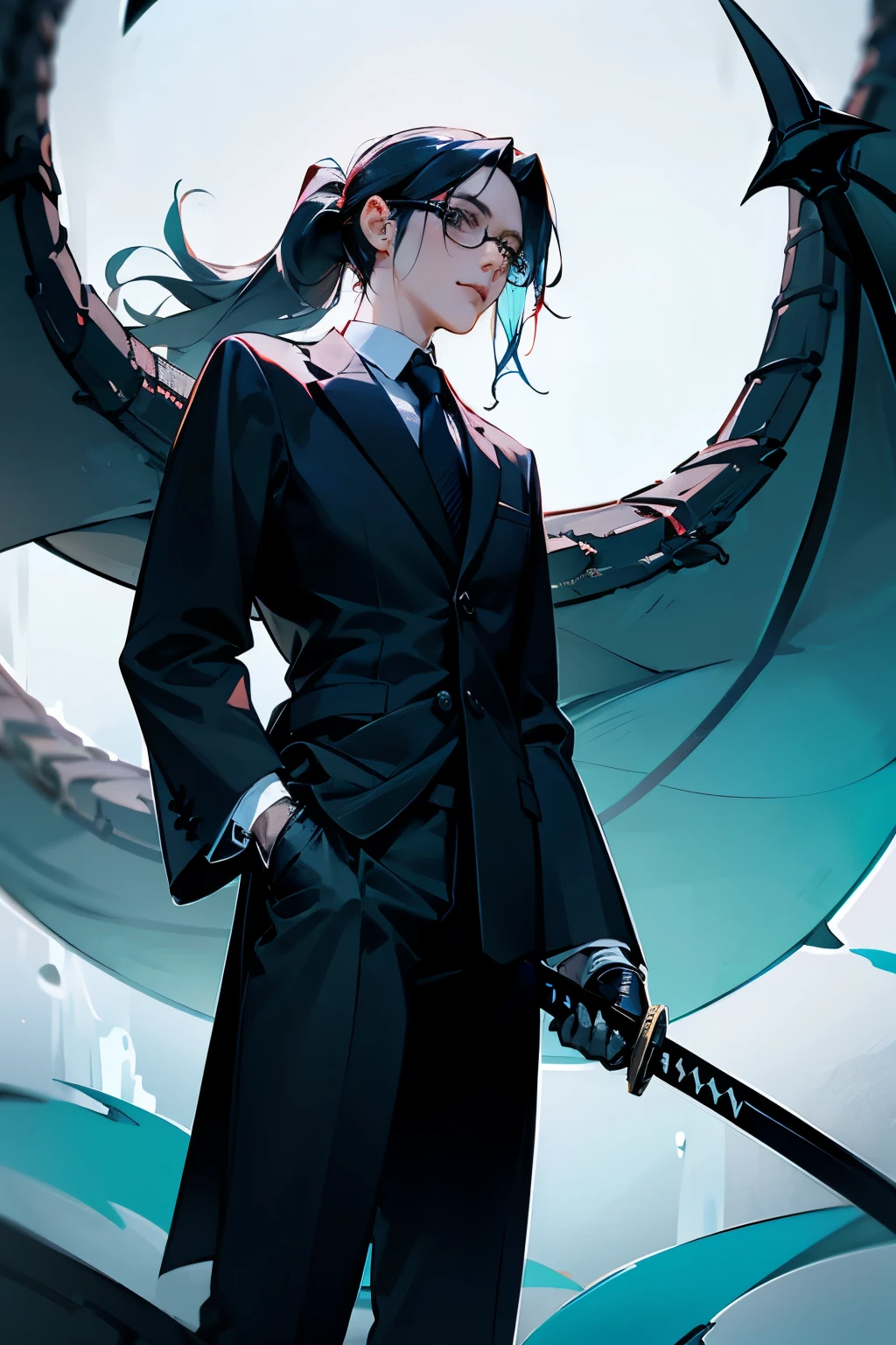 Create an illustration of a young, cool-looking tall and slender man with the following characteristics:
- **Skin:** Extremely pale, as if he has never been exposed to sunlight.
- **Eyes:** Narrow, sharp, and slightly slanted with icy blue color, resembling a frozen lake. His gaze is piercing.
- **Hair:** Jet black with white streaks, straight and long enough to reach his back. He has a center-parted fringe and ties his long hair into a single ponytail positioned low on his head.
- **Height:** Approximately 186 cm.
- **Build:** Slender and lean, appearing almost skeletal in thinness but not unhealthy.
- **Expression:** A beautiful and calm face with minimal expression, giving off a cool and composed vibe.
- **Glasses:** Wearing black, round, and small-lensed glasses.
- **Clothing:** A high-quality black suit with a hint of Chinese style, including intricate decorations and a distinctive collar. The shirt is wine red, the tie is black, and he wears black gloves.
- **Pose:** His left hand rests on the hilt of a black-sheathed Japanese katana, with long red tassels, a black grip, and engravings of a black dragon and black lotus flowers on the scabbard. The katana is slightly drawn, as if ready for quick action. His right hand is relaxed but poised, giving the impression that he can draw his sword in an instant if needed.
- **Gaze:** He often looks at people with an upward, piercing stare, as if examining them from below.
**Color Scheme:** Black, navy blue, indigo, and icy blue.
**Imagery:** Black lotus flowers.