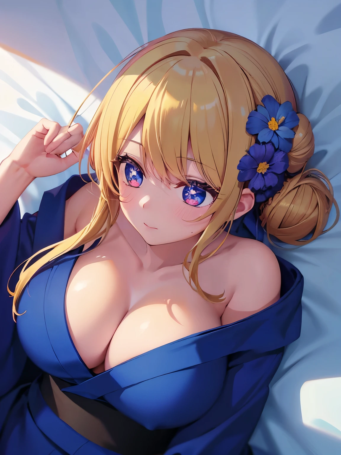 1woman,super beautiful,Sleeping on your back, camera angle from above, on the bed,Facing right, at nighthalf body photo, very detailed face,cute,,HD face, perfect face, blue kimono,short kimono, cleavage visible,Very big breasts,big breast,Blue flowers on the head,Blonde hair,bangs,blue eyes,hair in bun,one bun,Hair in a bun,ultra detail,ultra Hd, masterpiece,4k