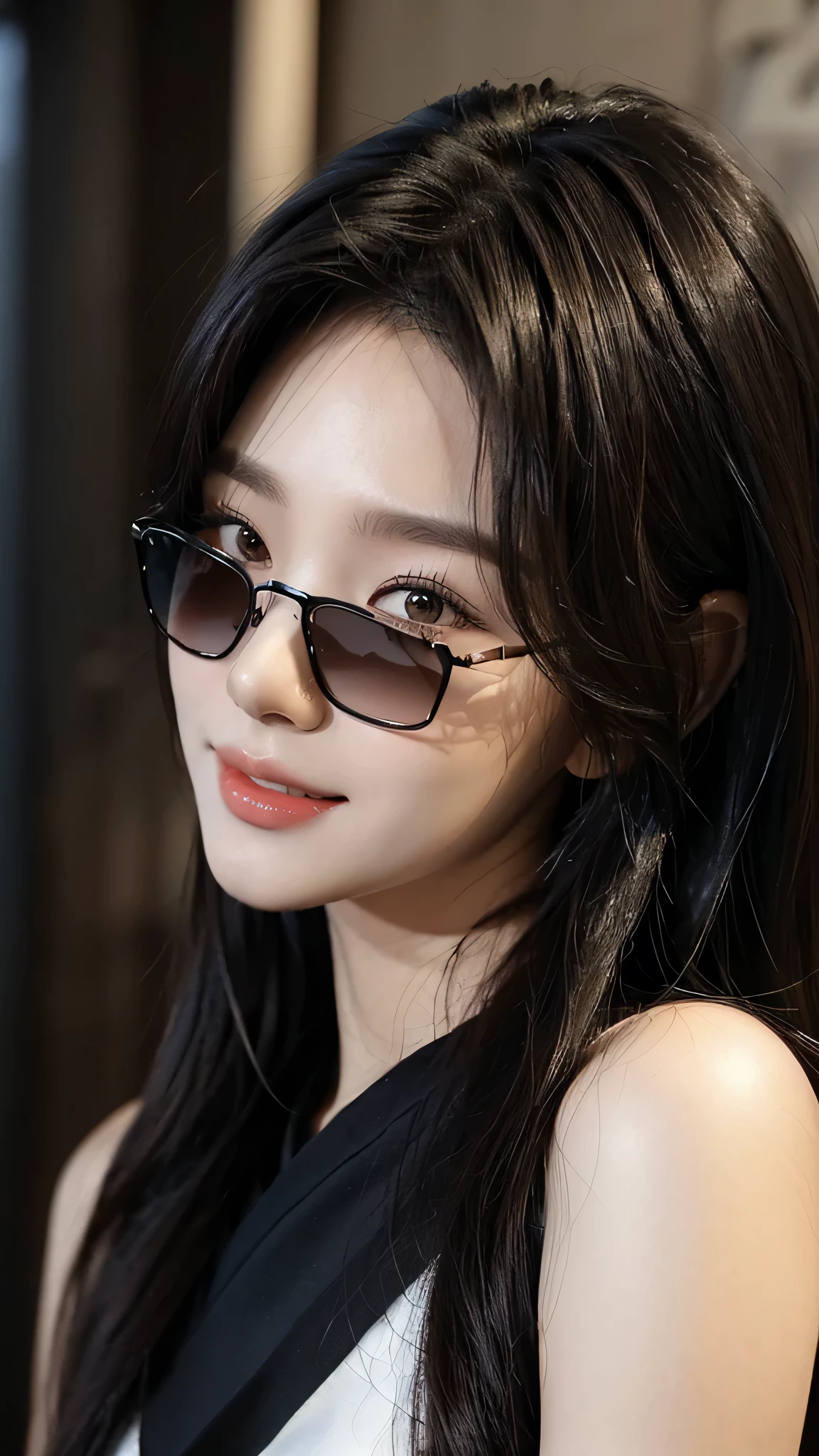 masterpiece、top-quality)、1 beautiful girl、((Wearing black sunglasses )), (Detailed beautiful eyes), ((Detailed skin)) , ((Detailed medium hair)), inside the black villa、((Boyish Brown Medium Hair))、((Smaller face))、((Neutral face))、((Face seen from the side))、((Light brown eyes))、((Korean Girl))、((18year old))、((cool lady))、((A shy smile on his face))、((Korean Makeup))、((elongated and sharp eyes))、((Happy dating))、((boyish))、((Shot from the same height as your face)、inside the black villa ), ((CG rendering)), ((Blurred background)), ((16K)), ((Very detailed)), ((wallpaper)), ((depth of field))