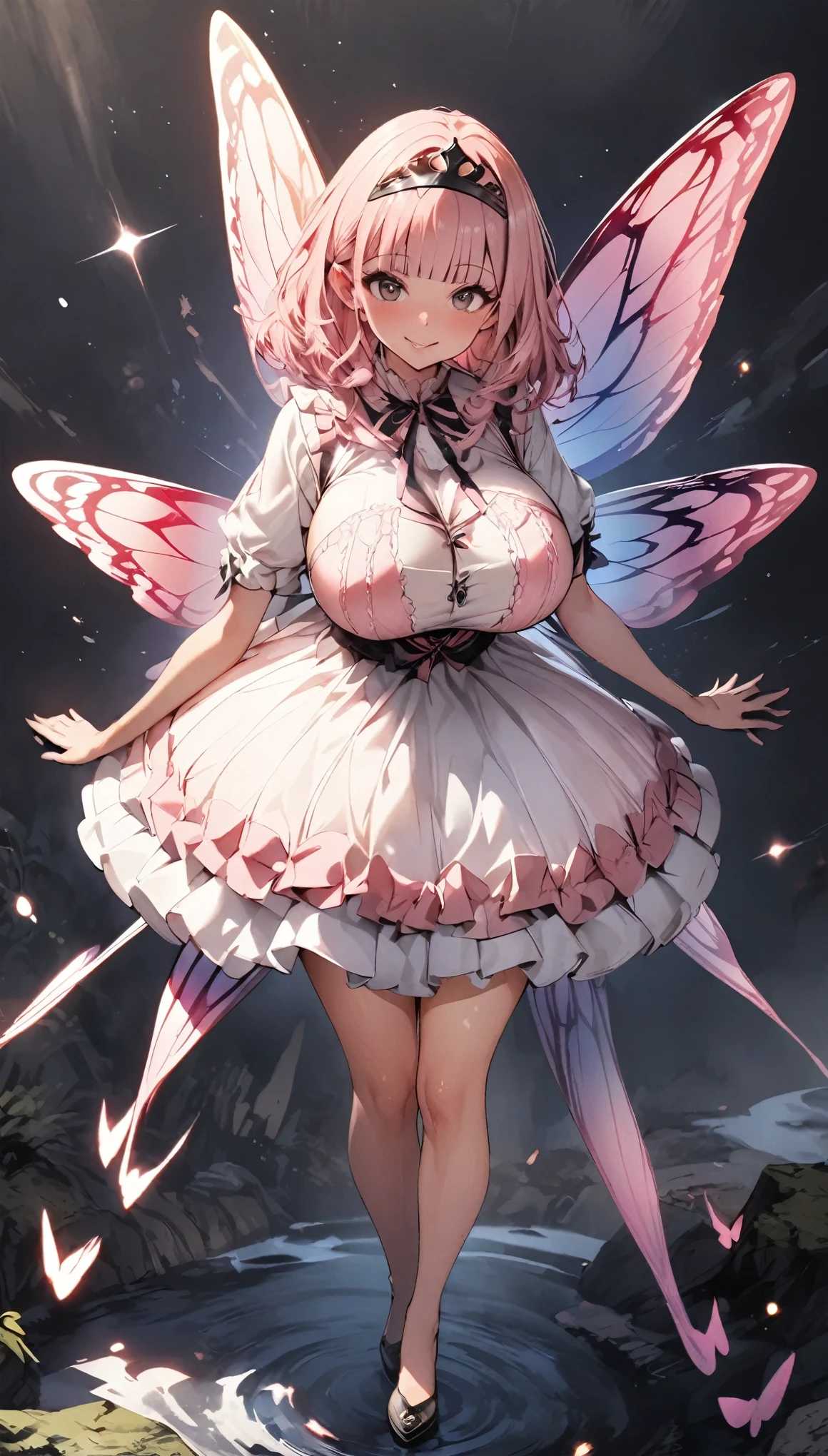 masterpiece, best quality, extremely detailed, high resolution, Japanese anime,1girl, pink red hair, (short length hair:1.4),(blunt bangs:1.5), wavy hair, drill hair, (ribbon:1.5), (fairy wing:1.5), (blue eyes:1.5), (beautiful detailed eyes:1.4), laugh, 130cm tall, original character, fantasy, (black background:1.2), (full body:1.8), beautiful fingers, (standing:1.5), (huge breasts:1.2), ( pink lace frill armor dress:1.5), (black mechanical tiara:1.5) , shoot from front, looking at viewer