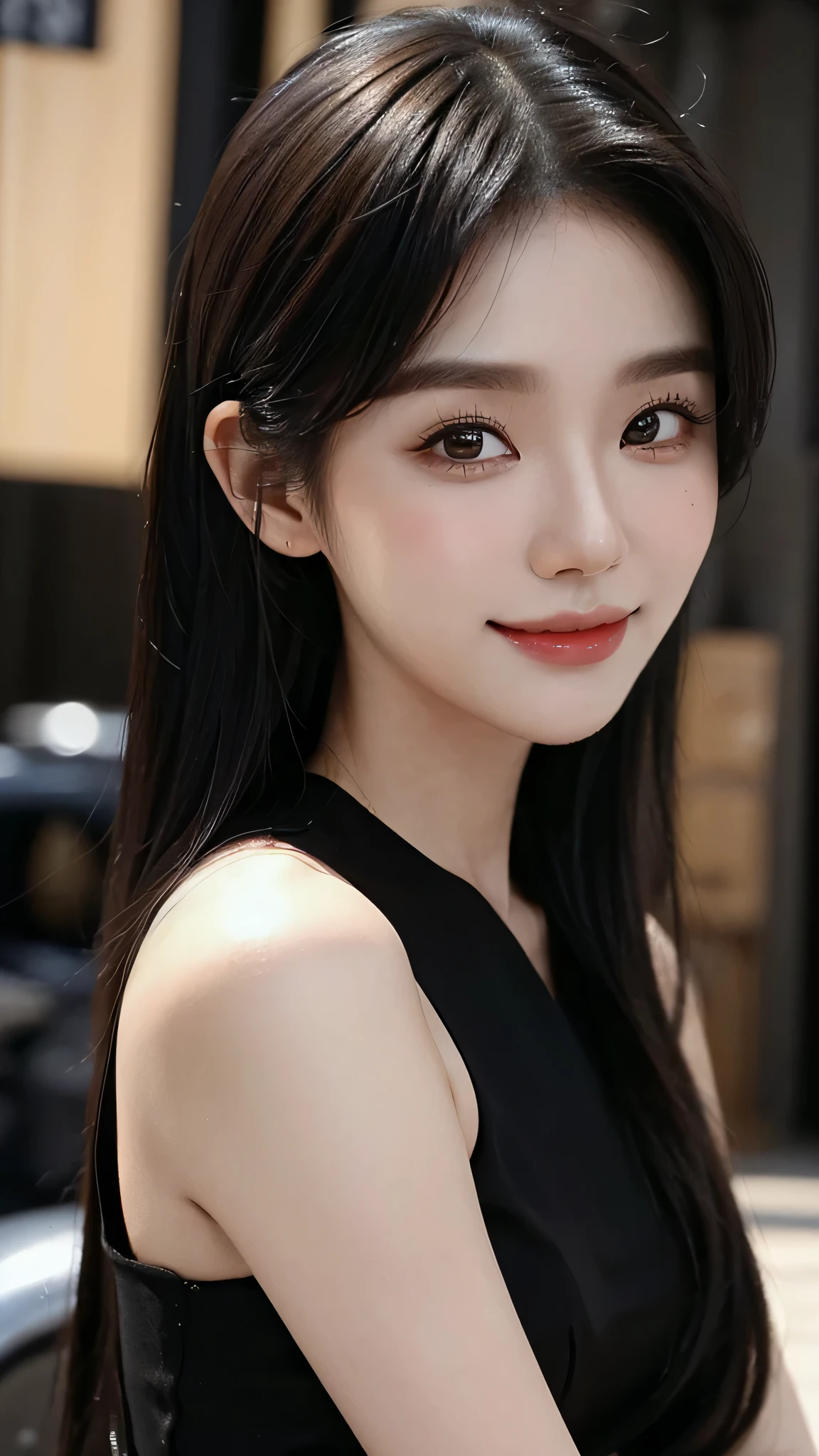 ​masterpiece、top-quality)、1 beautiful girl、((Wearing black sunglasses )), (Detailed beautiful eyes), ((Detailed skin)) , ((Detailed medium hair)), inside the black villa、((Boyish Brown Medium Hair))、((Smaller face))、((Neutral face))、((Face seen from the side))、((Light brown eyes))、((Korean Girl))、((18year old))、((cool lady))、((A shy smile on his face))、((Korean Makeup))、((elongated and sharp eyes))、((Happy dating))、((boyish))、((Shot from the same height as your face)、inside the black villa ), ((CG rendering)), ((Blurred background)), ((16K)),  ((Very detailed)), ((wallpaper)), ((depth of field))