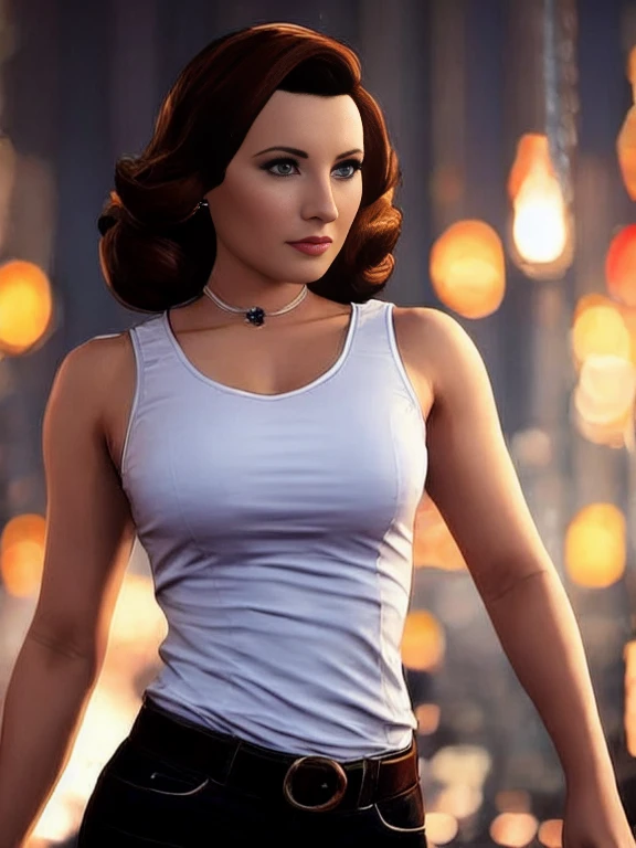 (masterpiece:1.2), (best quality,:1.2), 8k, HDR, ultra detailed, ((photorealistic)), professional light, cinematic lighting, sexy photography, ambient lighting, atmospheric effects, angl, Elizabeth Comstock, upper body shot, wearing tank top, magical temple, (perfect hands), epiCPhoto