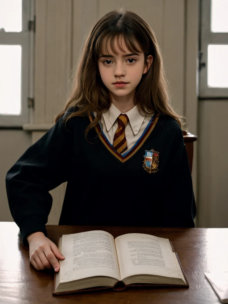 Hermione Granger body photos, bikini, black hair, teenager, sitting at the table at full height, There is a book on the table, 8k contract, low lighting, high quality, granularity, Fujifilm XT3