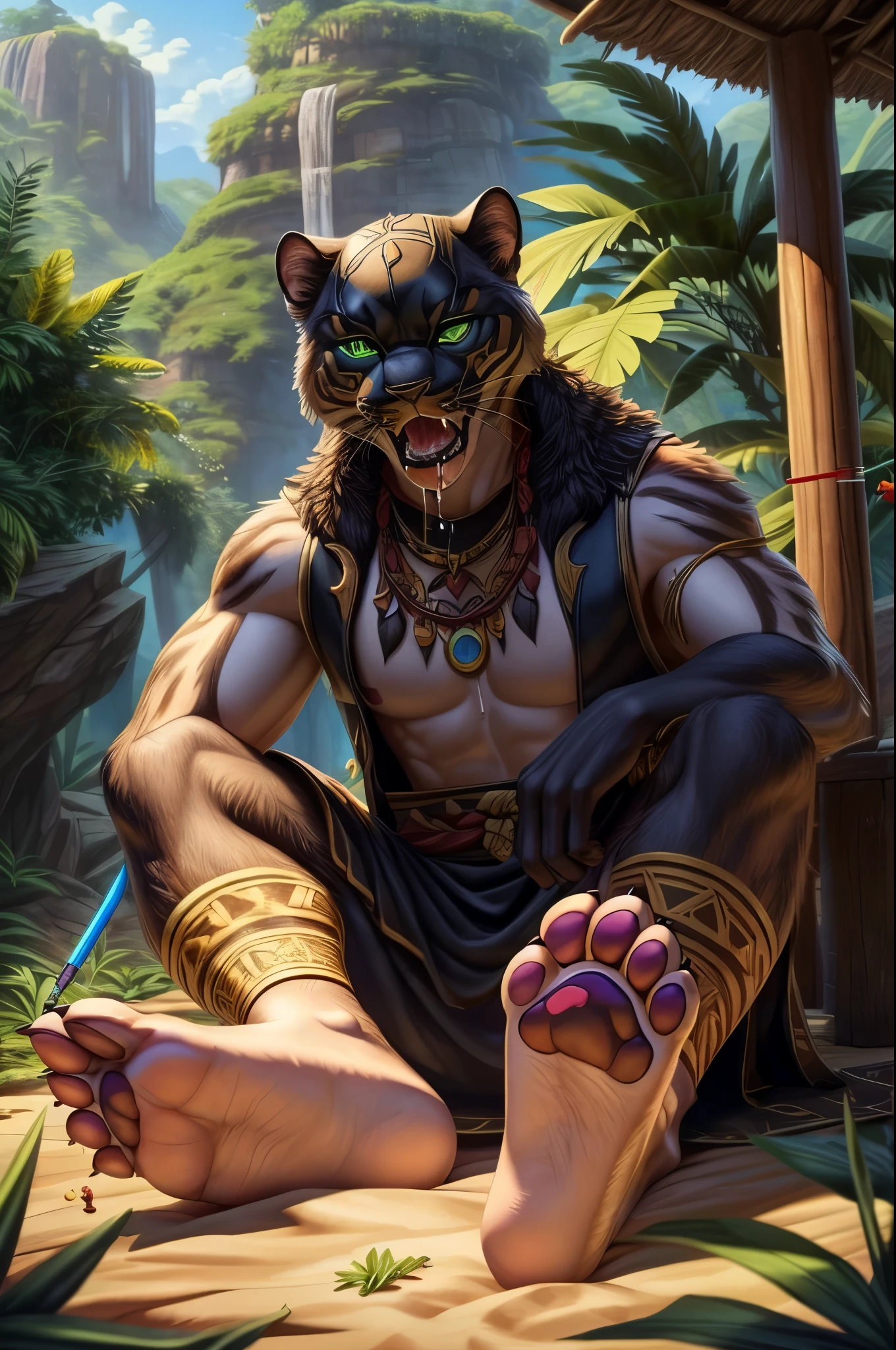 (((sfw))), (((Barefoot furry character, full body, cinematic setting, furry male, plantigrade))) Curare depicted as stealthy and agile ((black panther)) anthro with sleek black fur and piercing amber eyes. Clad in tribal-inspired attire with dart motifs symbolizing curare's traditional use in blow darts. The figure sitting barefoot in a dense rainforest setting, surrounded by vines and exotic plants like Strychnos toxifera, used in curare preparation by indigenous tribes. (((nice feet paws, soles with pawpads, one feet lifted))), BREAK, detailed background, 8K, (masterpiece:1.5), intricate details, highly detailed, extreme detail, octane render, fine art, best quality, highres, (detailed face:1.5), ((full_body)), UHD, (((perfect hands))), low light, (((green glow in eyes, open mouth, drooling, deeply hypnotised)))