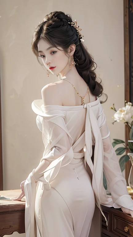 ((whole body)), ((From below)), yushuxin,1 girl,Solitary, ((stand up, Leaning against the desk)), ((Lean over)), ((The features are clear, Clear face, Clear face)), red lips, cosmetic, close up, elegant姿势, Seductive pose, Perfect Curve, Slim, Sexy, Large Breasts, , beautiful legs, Seductive gaze, Biting your lips, Messy long hair, Simple and casual scene, Very detailed, Ultra-clear, best quality, Official Art, Beautiful earrings, Beautiful necklace, Very detailed description, Super beautiful painting, Advanced features, elegant, beautiful, Ultra-fine details, masterpiece, Real texture, Realistic lighting, masterpiece, best quality