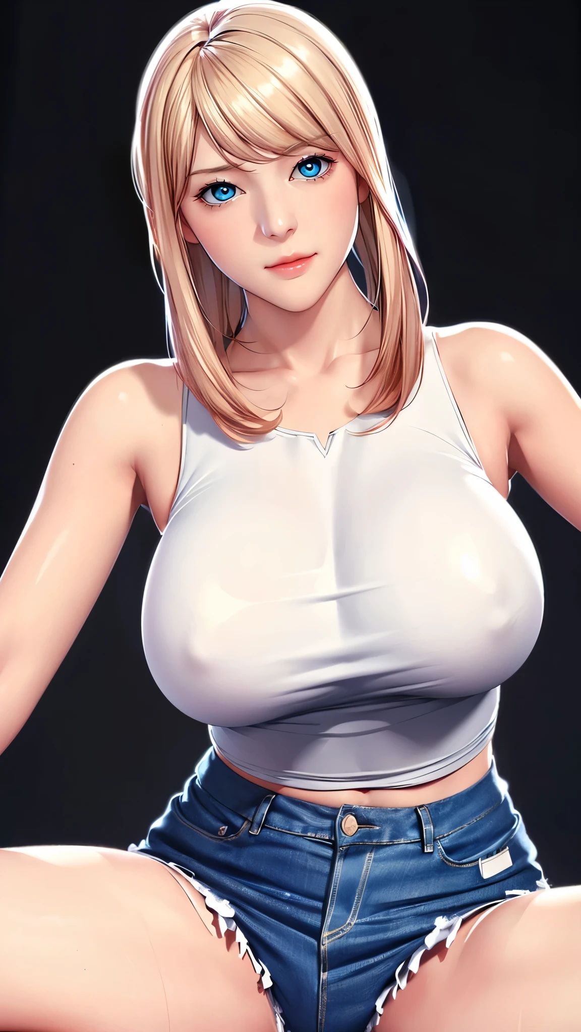 (((完美figure,figure,solo, White and tender skin,(((Cyberpunk,Pink hoodie,denim shorts ))),(((min-jijang, medium hair, blonde hair,blue eyes ,))),((masterpiece)),high resolution, ((Best quality at best)),masterpiece,quality,Best quality,((( Exquisite facial features,Looking at the audience,There is light in the eyes,(((Smile,confidence))),型figure:1.7))),(((Light and shadow,Huge breasts))),(((Looking at the camera,black background,Sitting astride,Open your legs))))