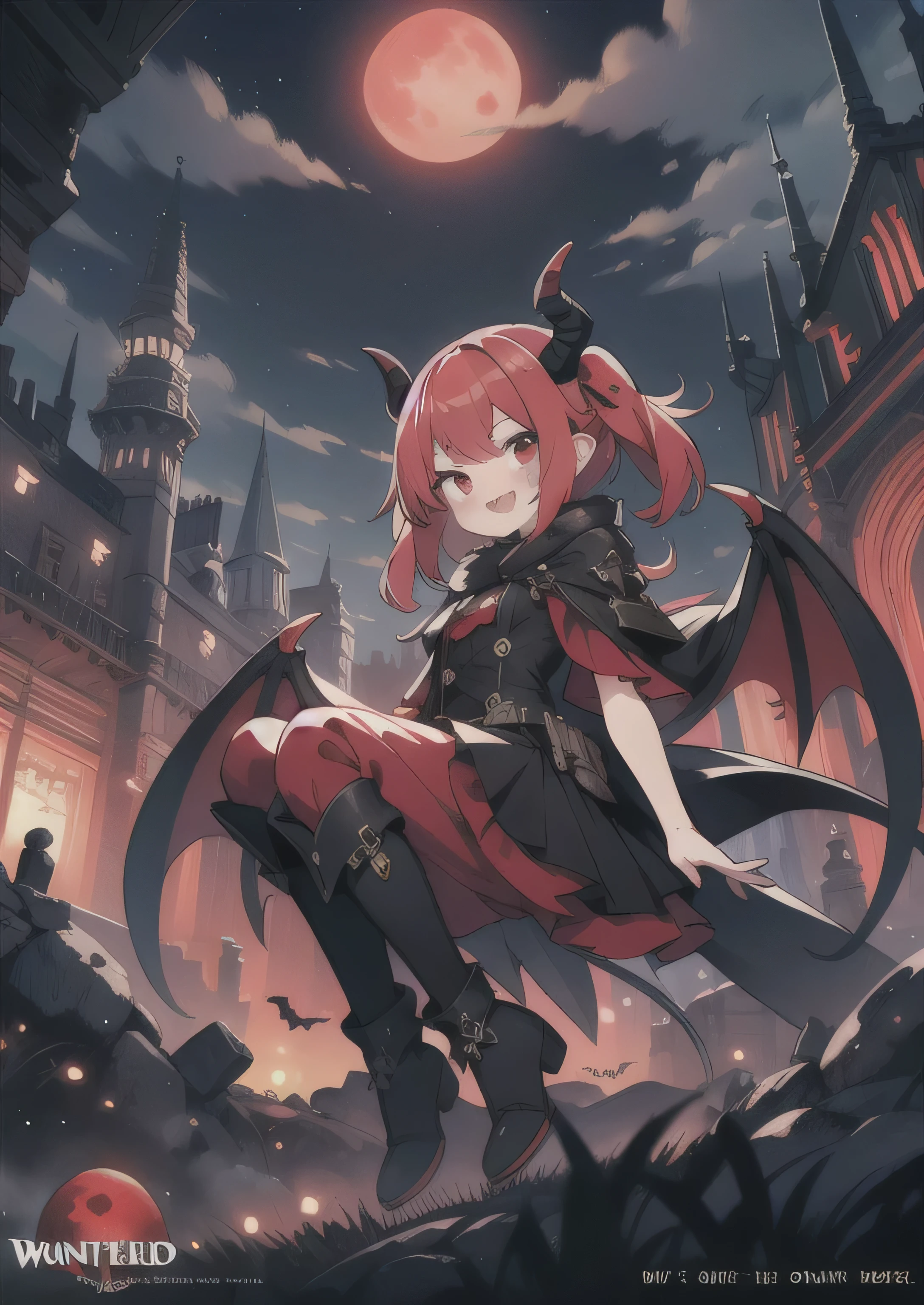 8K, 1girl, petit, kawaii vampire, red hair, red eyes, bat wings, smile, (blush), (shy), fang, boots, looking at viewer, wind, (fantasy world, wonderland at night), red moon, dynamic angle, wind, (movie poster), game cg, fantastic scenery, tail, black horns