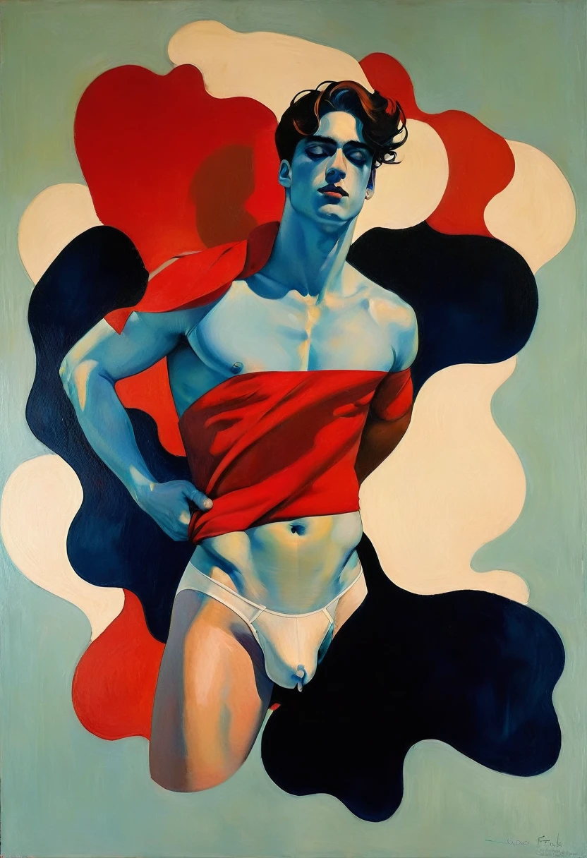 chiaroscuro technique on sensual illustration of an arafed man in white underwear, masculine, diegazio, male model, by Ludovit Fulla, model with attractive body, inspired by Ludovit Fulla, mid-shot of a hunky, the model draped in flowing, thick oil painting by Harumi Hironaka, extremely soft colors, vibrant, highly detailed, malcolm liepke painting, oil on canvas, high contrast, dramatic, refined, tonal, Create high contrast betweenght and shadow fire around, there is a red circle on a blue and red square, inspired by Bauhaus, in a shapes background, brown red blue, circle forms, red blue, by Leon Polk Smith, memphis abstract minimal art, graphic shapes, minimal art, blue and red, minimal art style, bauhaus art, inspired by El Lissitzky, bold simple shapes