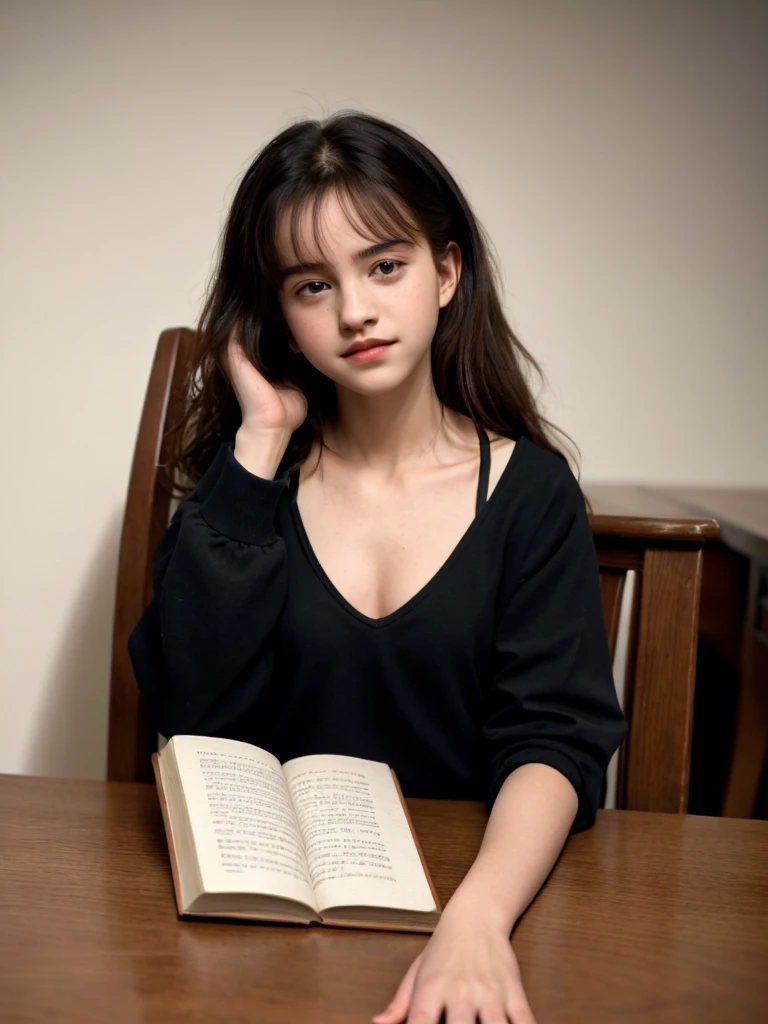 Hermione Granger body photos, (bikini), black hair, teenager, sitting at the table at full height, There is a book on the table, 8k contract, low lighting, high quality, granularity, Fujifilm XT3