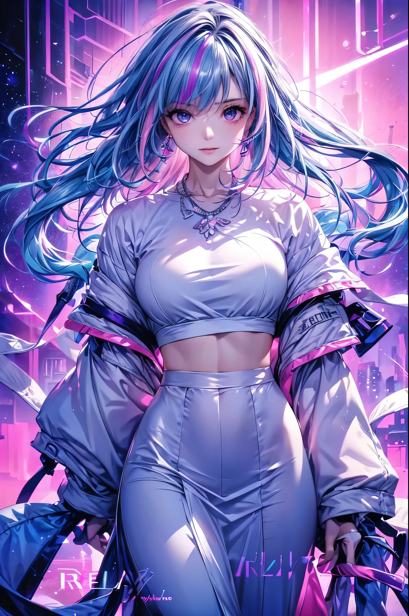 1 girl, 20 year old girl, one person, (Silver blue hair streaked pink purple:1.4), (Gradient sky blue hair ends:1.6), hair strand, absurdly long hair, single sidelock, wavy hair, shiny hair, floating hair, (Illusion deep purple eyes), delicate eyes, aqua eyes, super high detailed eyes, long upper eyelashes, ((glowing eyes)), makeup, Focus on face, Very detailed facial, Pretty Face, Perfect breasts, hot body, (Delicate skin texture:1.2), break, White extra long skirt, Fashion Clothing, necklace, Technical clothing masterpiece, on the street, looking at the starry night sky, meteor, cyberpunk, detailed background, perfect layer cut, clean focus, (magazine:1.3), (cover-style:1.3), Octane Render, Tyndall effect, lifelike, Dark Studio, Side light, Two-color lighting, realism, chiaroscuro, (glowing light), sparkle, ray tracing, cinematic lighting, Futurism, motion blur, atmospheric perspective, Depth of Field, Bokeh, best quality, UHD, super detail, masterpiece, highres, ccurate, retina, anatomically correct