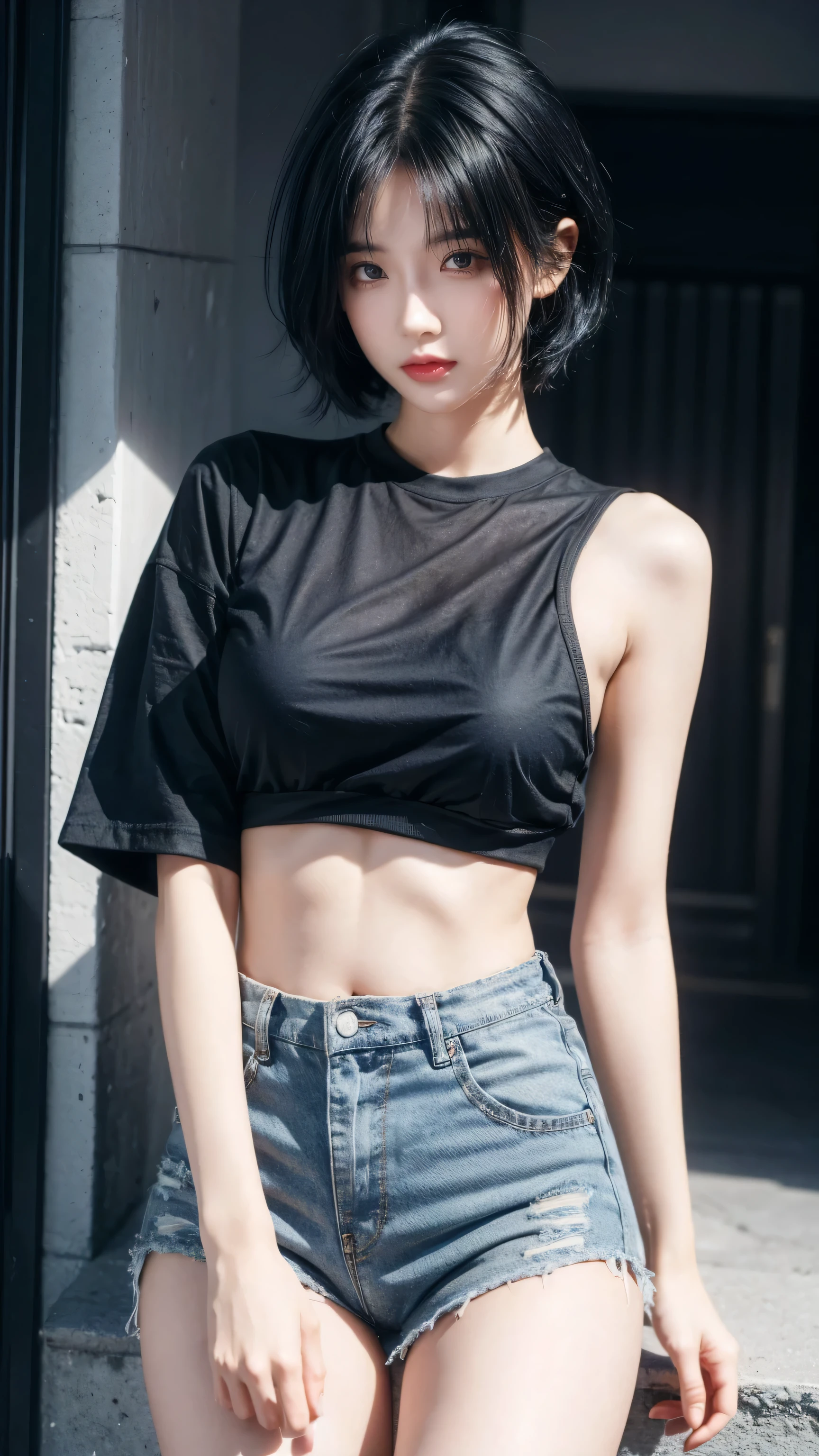 best quality, 1 Girl, dark blue hair, black eyes, Very short hair, Spiky hair, black oversize t-shirt, High waist short jeans, 171 cm, Messy hair, Hair between the eyes, Medium breasts, full, Tomboy, aldult, 20 years old, 1 Girl