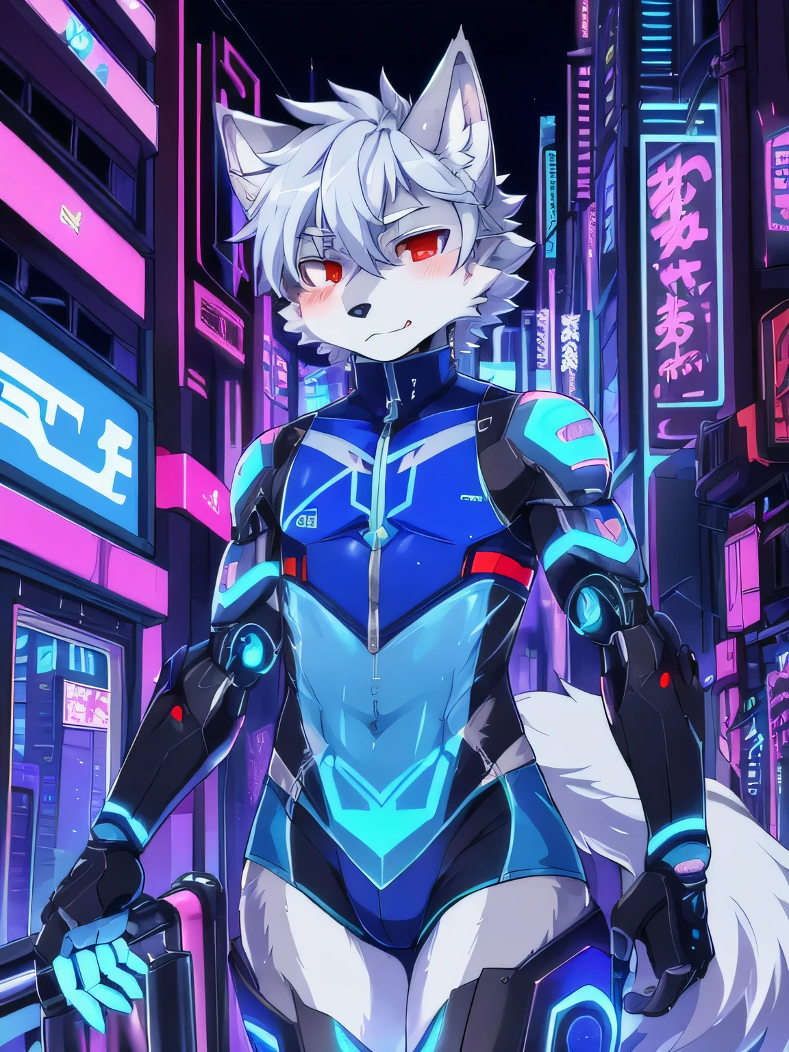 masterpiece, perfect anatomy, solo, 1boy, Furry, kemono, furry wolf, anthropomorphic, male, silver fur, silver skin, red eyes, femboy, cyberpunk clothes, revealing clothes, ((blue clothing)), cyberpunk city, strip club, uploaded on e621, Cyberpunk technology. cybernetics, 