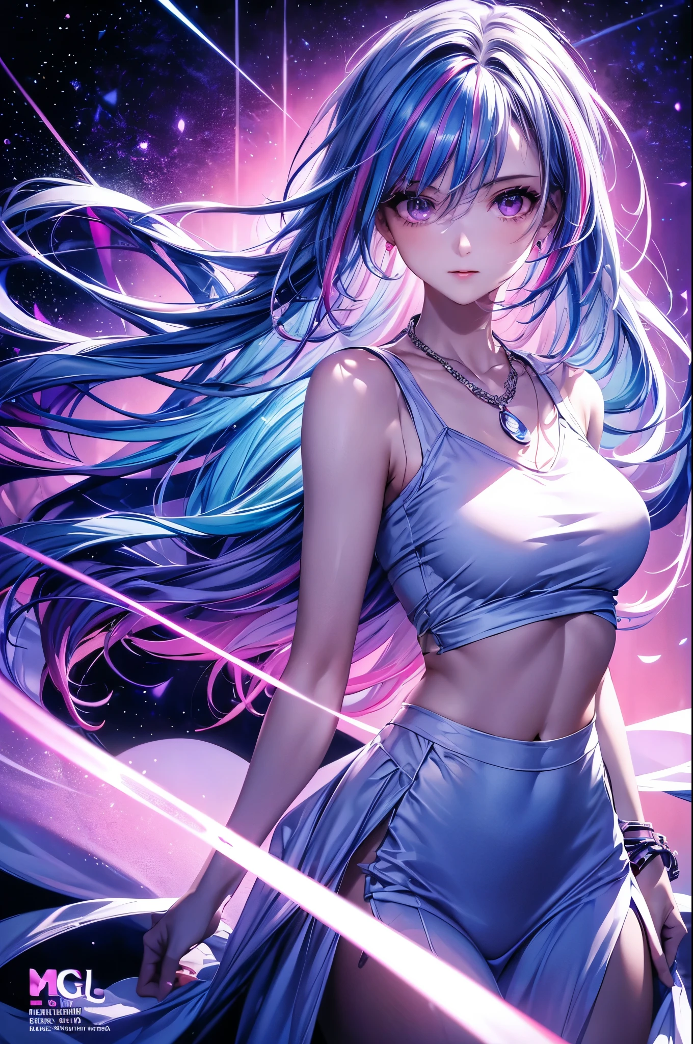 1 girl, 20 year old girl, one person, (Silver blue hair streaked pink purple:1.4), (Gradient sky blue hair ends:1.6), hair strand, absurdly long hair, single sidelock, wavy hair, shiny hair, floating hair, (Illusion deep purple eyes), delicate eyes, aqua eyes, super high detailed eyes, long upper eyelashes, ((glowing eyes)), makeup, Focus on face, Very detailed facial, Pretty Face, Perfect breasts, hot body, (Delicate skin texture:1.2), break, White extra long skirt, Fashion Clothing, necklace, Technical clothing masterpiece, on the street, looking at the starry night sky, meteor, cyberpunk, detailed background, perfect layer cut, clean focus, (magazine:1.3), (cover-style:1.3), Octane Render, Tyndall effect, lifelike, Dark Studio, Side light, Two-color lighting, realism, chiaroscuro, (glowing light), sparkle, ray tracing, cinematic lighting, Futurism, motion blur, atmospheric perspective, Depth of Field, Bokeh, best quality, UHD, super detail, masterpiece, highres, ccurate, retina, anatomically correct