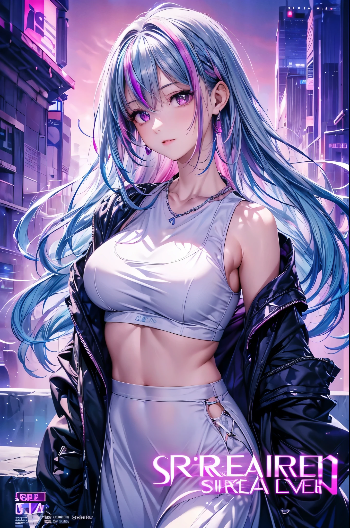 1 girl, 20 year old girl, one person, (Silver blue hair streaked pink purple:1.4), (Gradient sky blue hair ends:1.6), hair strand, absurdly long hair, single sidelock, wavy hair, shiny hair, floating hair, (Illusion deep purple eyes), delicate eyes, aqua eyes, super high detailed eyes, long upper eyelashes, ((glowing eyes)), makeup, Focus on face, Very detailed facial, Pretty Face, Perfect breasts, hot body, (Delicate skin texture:1.2), break, White extra long skirt, Fashion Clothing, necklace, Technical clothing masterpiece, on the street, looking at the starry night sky, meteor, cyberpunk, detailed background, perfect layer cut, clean focus, (magazine:1.3), (cover-style:1.3), Octane Render, Tyndall effect, lifelike, Dark Studio, Side light, Two-color lighting, realism, chiaroscuro, (glowing light), sparkle, ray tracing, cinematic lighting, Futurism, motion blur, atmospheric perspective, Depth of Field, Bokeh, best quality, UHD, super detail, masterpiece, highres, ccurate, retina, anatomically correct