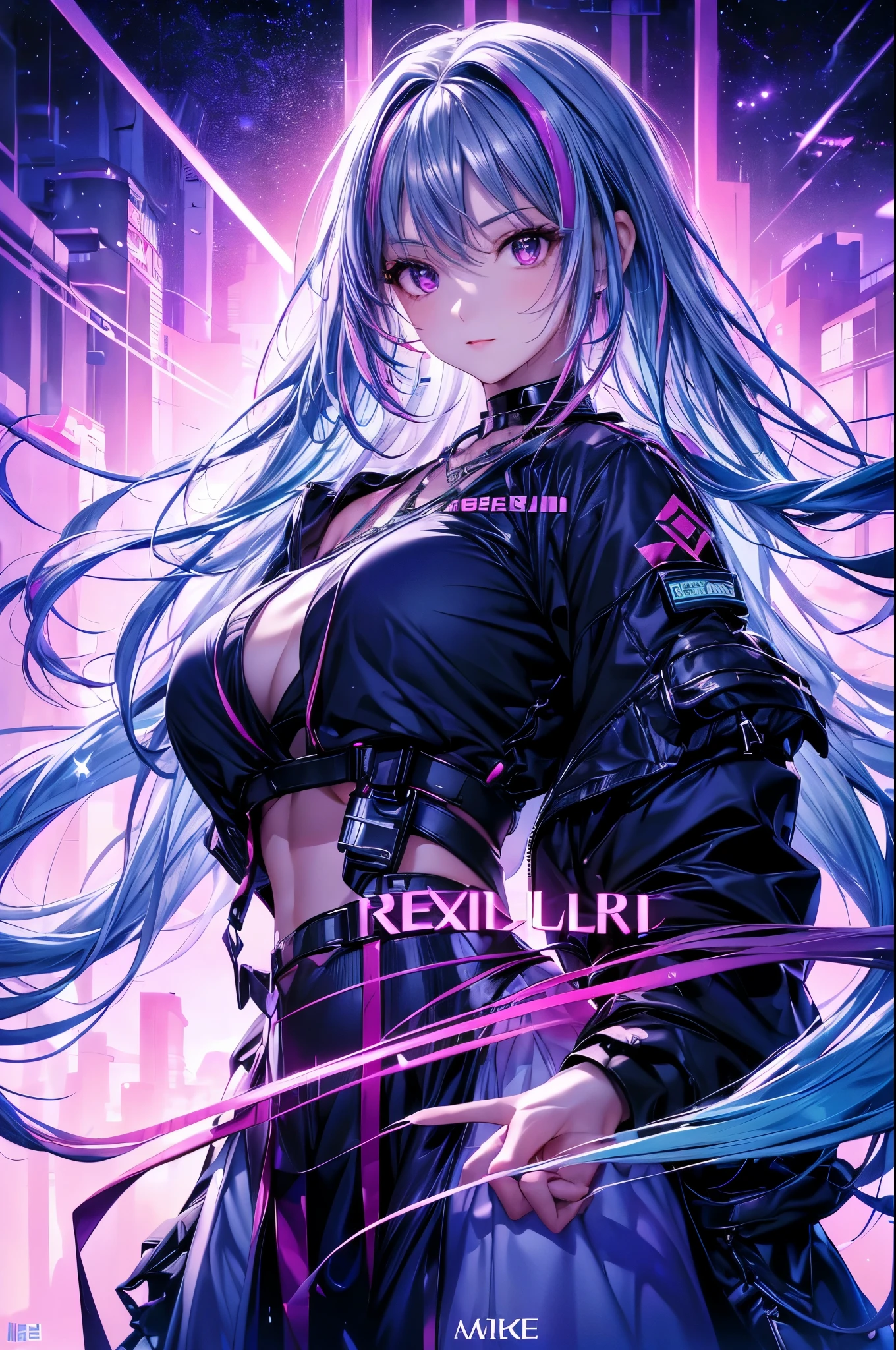 1 girl, 20 year old girl, one person, (Silver blue hair streaked pink purple:1.4), (Gradient sky blue hair ends:1.6), hair strand, absurdly long hair, single sidelock, wavy hair, shiny hair, floating hair, (Illusion deep purple eyes), delicate eyes, aqua eyes, super high detailed eyes, long upper eyelashes, ((glowing eyes)), makeup, Focus on face, Very detailed facial, Pretty Face, Perfect breasts, hot body, (Delicate skin texture:1.2), break, White extra long skirt, Fashion Clothing, necklace, Technical clothing masterpiece, on the street, looking at the starry night sky, meteor, cyberpunk, detailed background, perfect layer cut, clean focus, (magazine:1.3), (cover-style:1.3), Octane Render, Tyndall effect, lifelike, Dark Studio, Side light, Two-color lighting, realism, chiaroscuro, (glowing light), sparkle, ray tracing, cinematic lighting, Futurism, motion blur, atmospheric perspective, Depth of Field, Bokeh, best quality, UHD, super detail, masterpiece, highres, ccurate, retina, anatomically correct