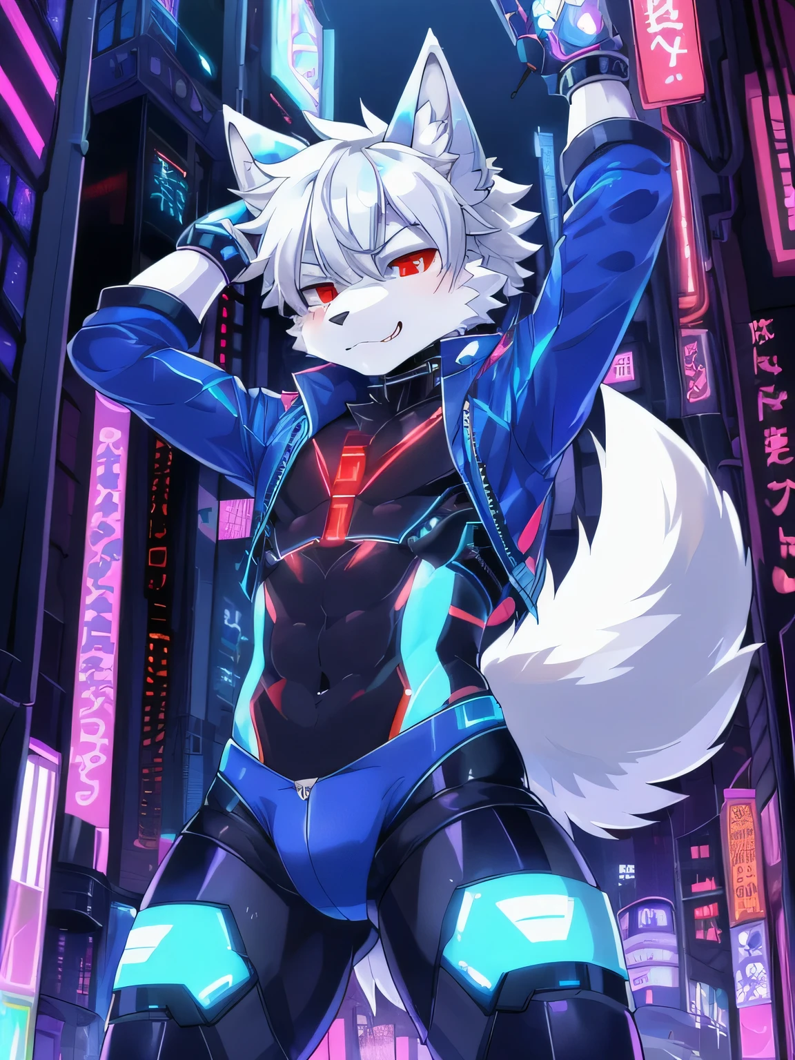 masterpiece, perfect anatomy, solo, 1boy, Furry, kemono, furry wolf, anthropomorphic, male, silver fur, silver skin, red eyes, femboy, cyberpunk clothes, revealing clothes, ((blue clothing)), cyberpunk city, strip club, uploaded on e621, Cyberpunk technology. cybernetics,