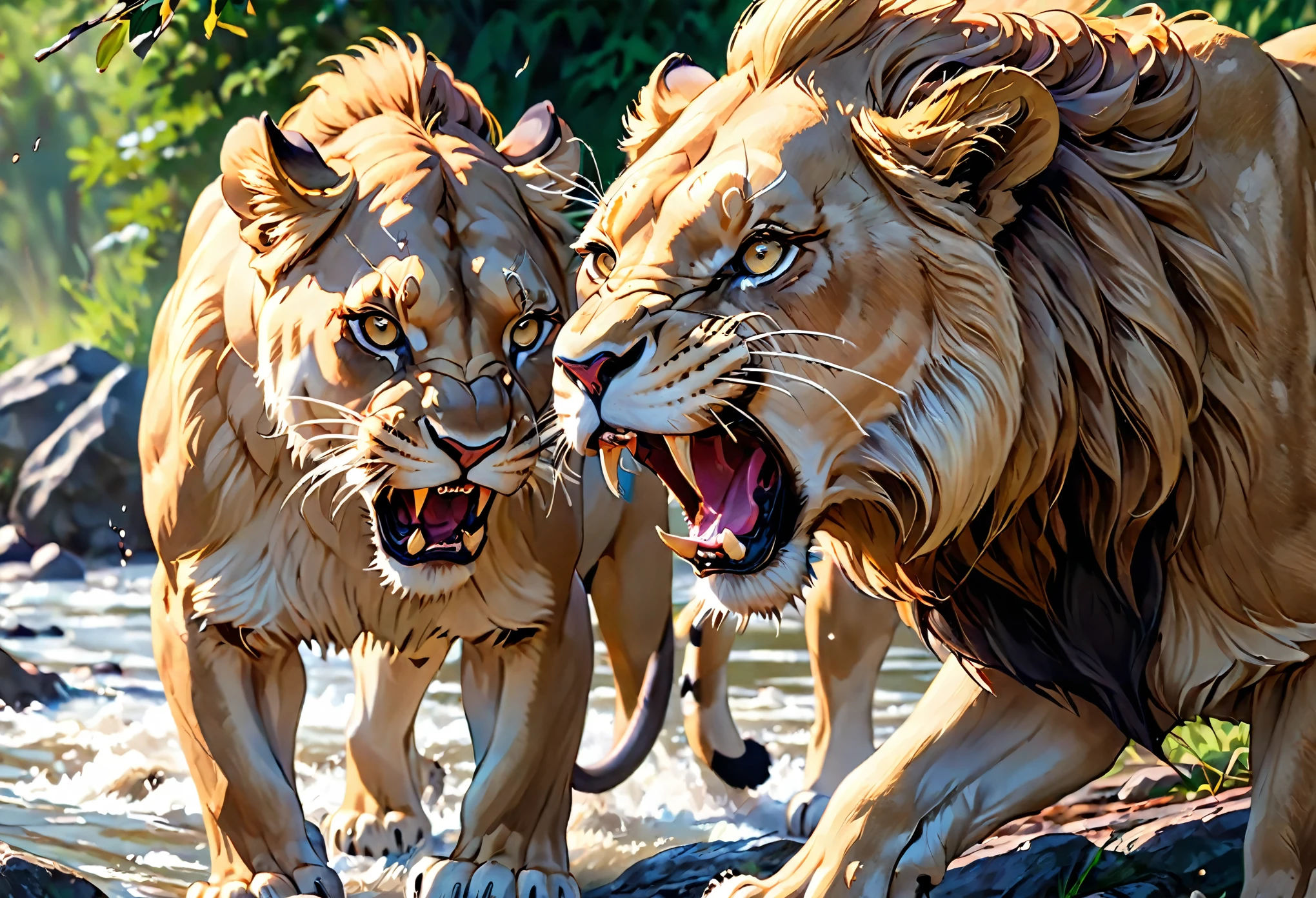 (best quality,4k,8k,highres,masterpiece:1.2),ultra-detailed,(realistic,photorealistic,photo-realistic:1.37),wildlife photography,lion,gorgeous landscape,ferocious lioness,captivating hunting scene,dramatic lighting,savage kill,explosive action,aggressive predator,stunning natural beauty,deathly struggle,mesmerizing wilderness,vivid colors,sharp focus,high-definition detail,lioness with piercing eyes,life-like fur,texture details on buck's antlers,extreme close-up of lioness' teeth and claws,dynamic composition,perfectly timed shot,breathtaking moment,emotional impact,roaring intensity,deadly confrontation,high contrast shadows,rich color saturation,splashes of warm golden light,subtle earthy tones,awe-inspiring nature,raw power and strength,hunt or be hunted,heart-pounding suspense,adrenaline rush,survival of the fittest,spellbinding wildlife encounter