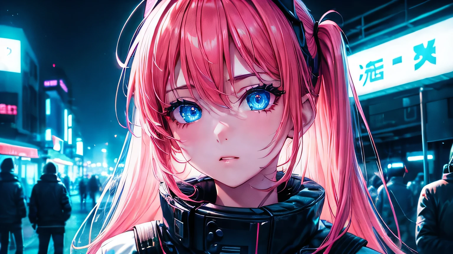Girl in the neon city at night、(Super Detail)、(8k)、((Modern Hip Hop))、(Neon Light)、(Neon Light)、(Esbian all over)、(Highly detailed face)、(Cold Face)、