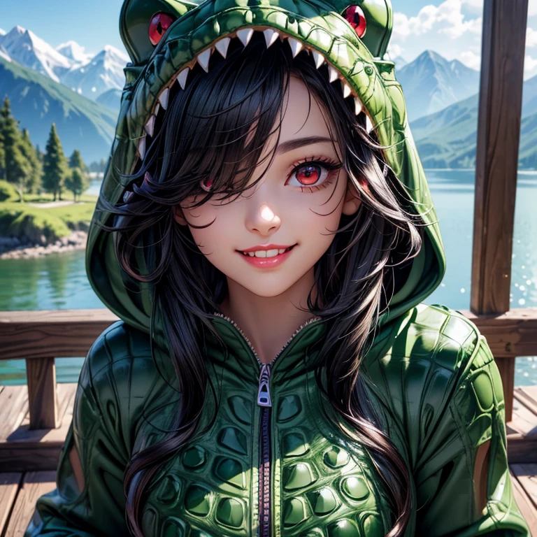 an 18 year old girl, alone, (wearing Alligator kigurumi: 1.4), (open kigurumi: 1.2), (white sneakers: 1.22), (closes: 1.1), empty alley, shops. (Dynamic Angle: 1.4), (Masterpiece: 1.2), (Best 8K Quality: 1.2), (8K Wallpaper, HDR, Octane Rendering), (Messy Hair, Glossy Black Hair, Medium-long hair: 1.2), (beautiful green eyes and details: 1.3), (intricate details), (red lips, teeth: 1.2), (gorgeous face with perfect symmetry), (medium breasts and natural), (contoured skin shape, correct texture, high details), (bright natural skin color: 1, 2), cinematic lighting, (vivid colors, perfect color tone, realistic), (high resolution: 1.2 ), (ultra detailed), Depth of field.