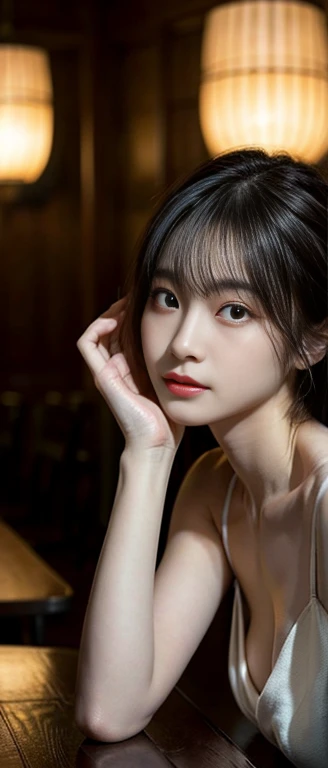 Araki Asian woman sitting at the table，There is a candle in front of him., 8k portrait rendering, Guvitz-style artwork, Guvitz, Soft portrait shots 8 k, author：Zhang Han, Cute face. dark幻想, 🤤 Girl Portrait, Dreamy and magical、ethereal、dark, Ethereal Beauty, Realistic anime girl rendering, dark幻想与现实的结合
