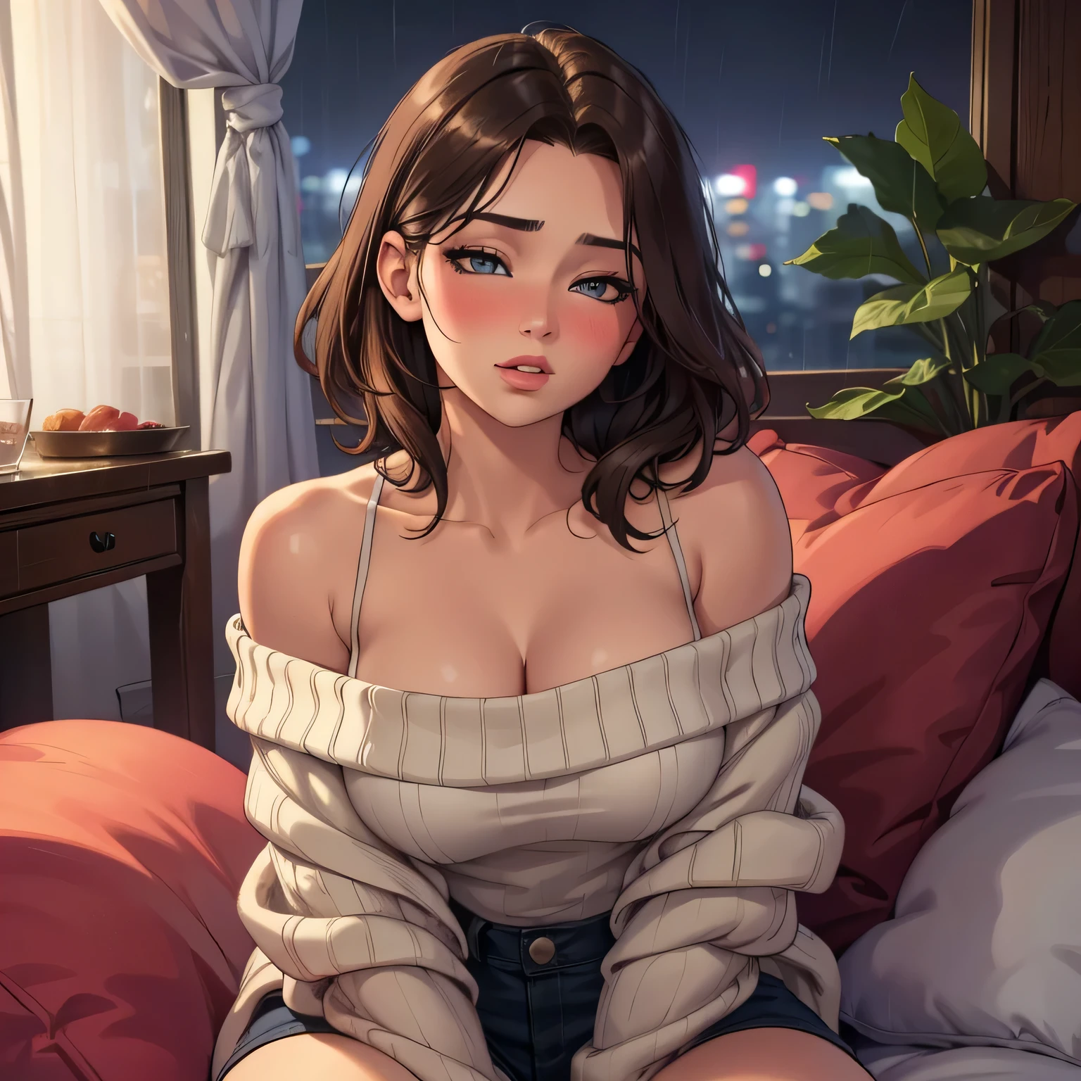(best quality,4k,8k,highres,masterpiece:1.2),ultra-detailed,(realistic,photorealistic,photo-realistic:1.37),amazing portrait,sexy,cute woman,best friend's sister,alone at home,late night gaming session,brown hair,short bob style soft eyes,parted lips,deep blush,off shoulder,oversized grey sweater,sitting on couch,night time,raining outside,warm inside