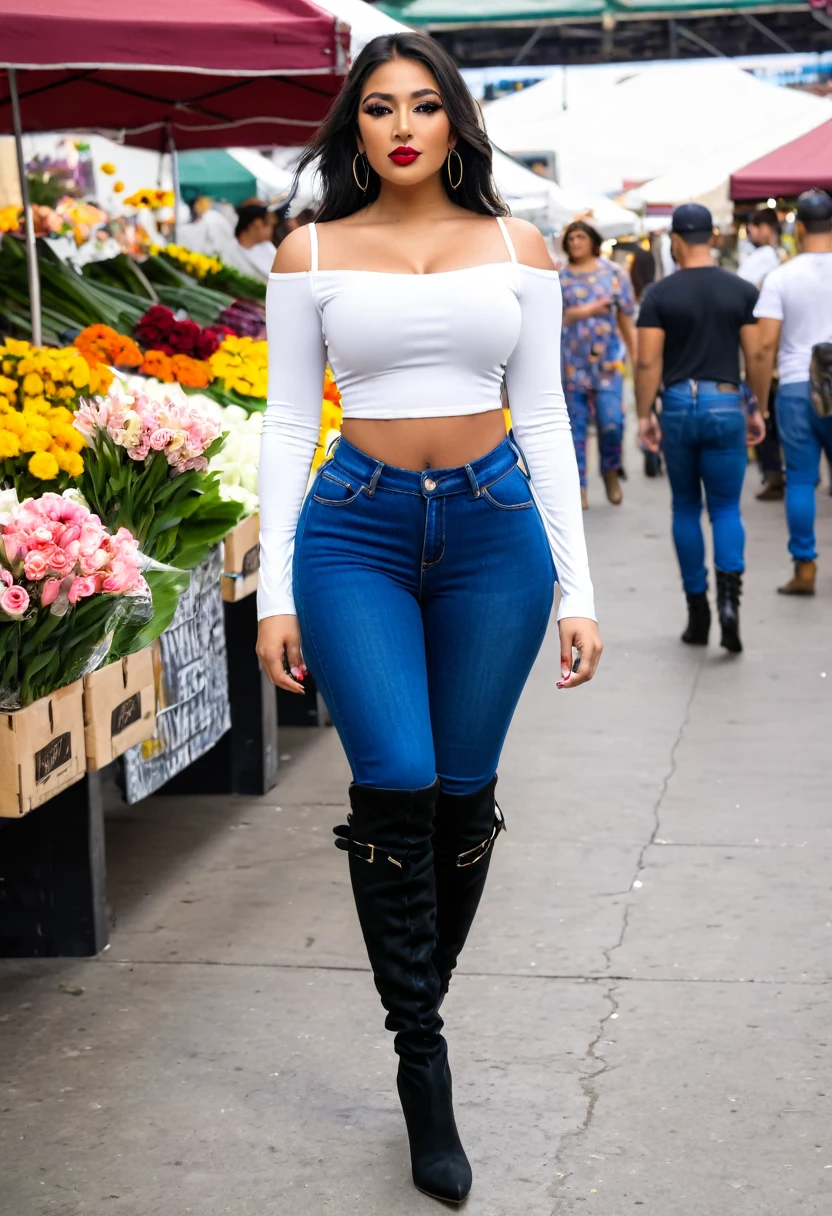 busty 25 year old latina wearing a white crop top shirt, tight blue jeans, black thigh boots, high heels, streetside flowermarket