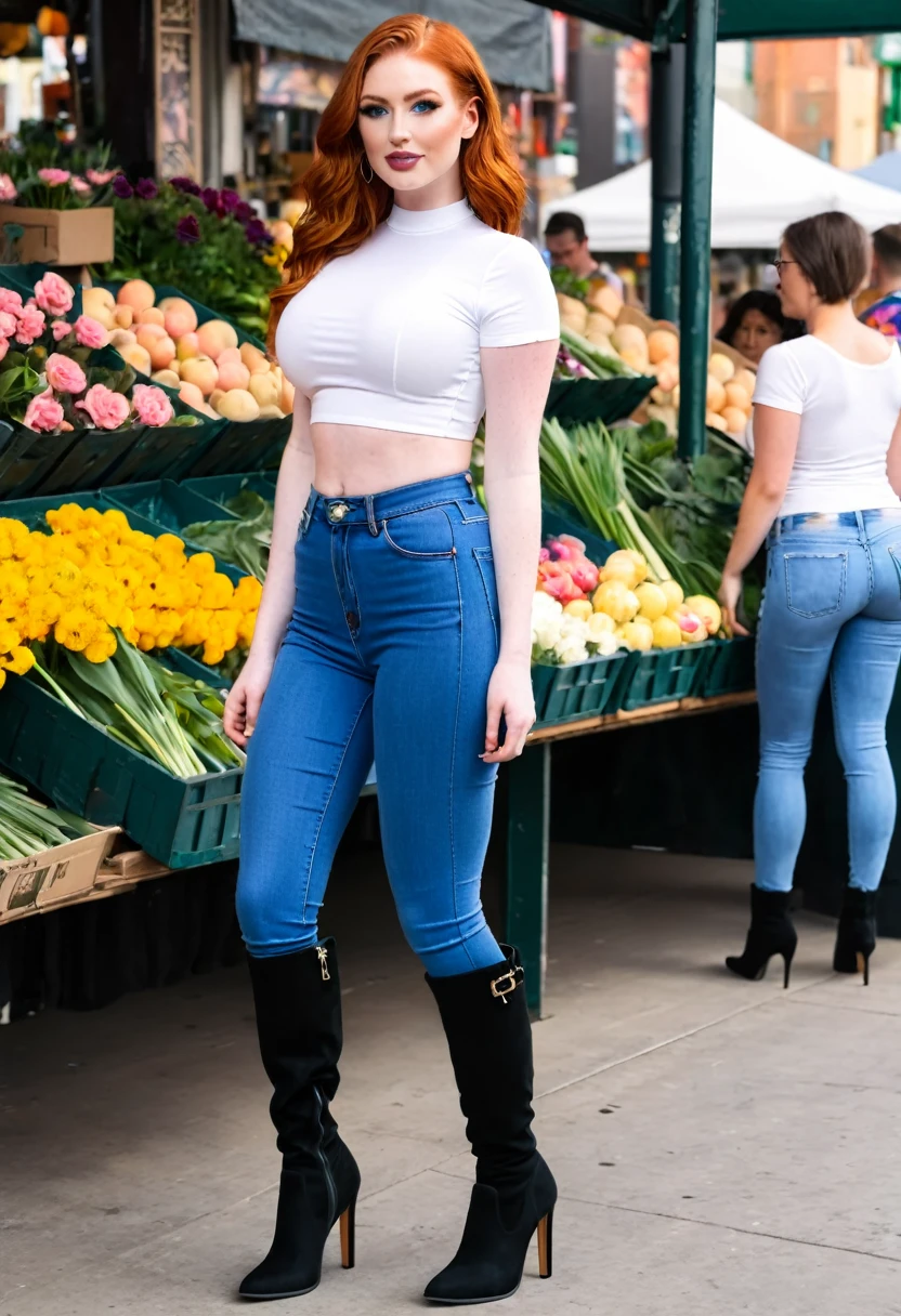 busty 25 year old redhead wearing a white crop top shirt, tight blue jeans, black thigh boots, high heels, streetside flower market
