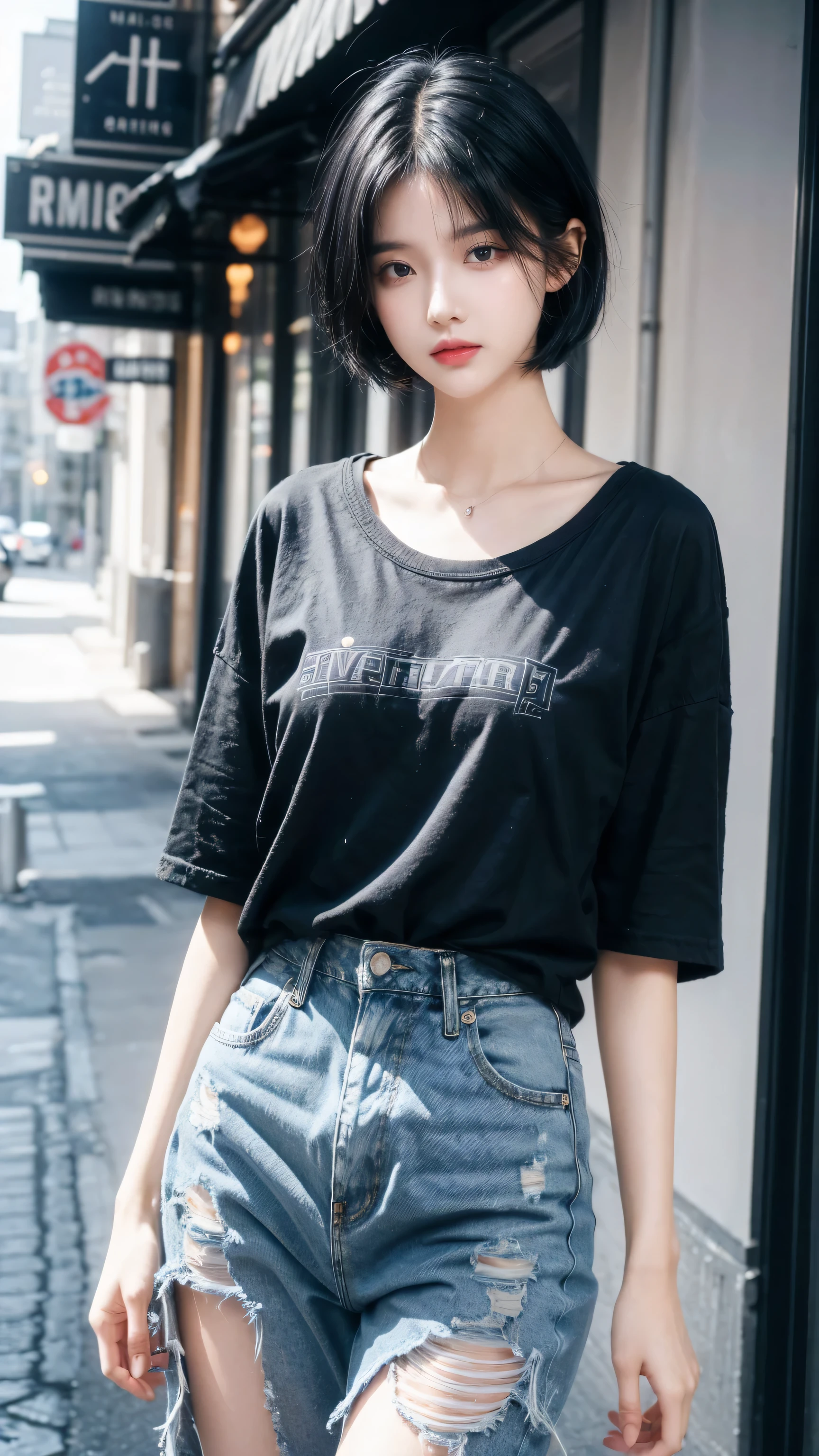 best quality, 1 Girl, dark blue hair, black eyes, Very short hair, Spiky hair, oversize t-shirt , High waist short jeans, 171 cm, Messy hair, Hair between the eyes, Medium breasts, full, Tomboy, aldult, 20 years old, 1 Girl