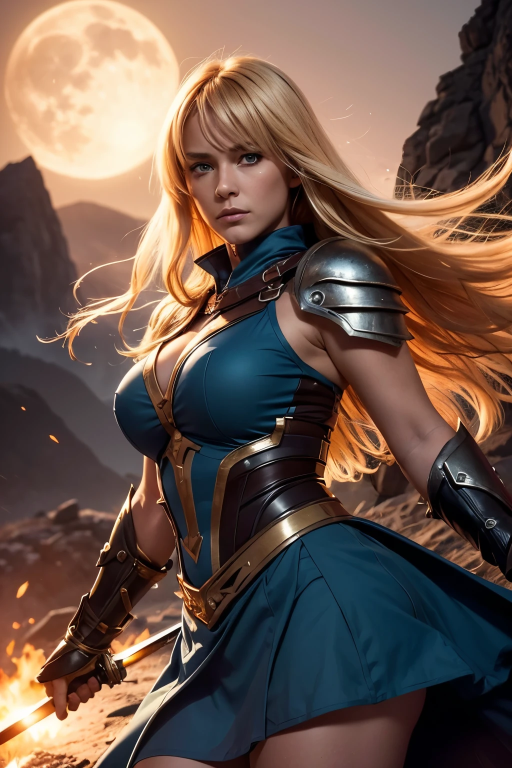 High-definition, crisp, stunning portrait: 1.25, Exquisite female warrior Diane Vinland from Gurren Lagann, Masterpiece: 1.25, Detailed, dynamic, battle-ready, solo, swords in hands, robust stature, courageous expression, long blonde hair, flowing in the wind, piercing blue eyes, armor glistening with intricate patterns, Umi Dake raid attire, in action, mid-jump, umi dake in background, misty mountains, mysterious forest, moonlight, fiery sunset, volumetric lights, contrasting shades, 3D Octane rendering, ray tracing, super detailing