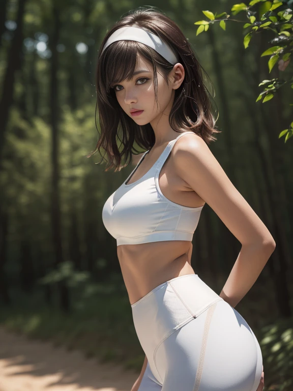 (((medium full shot))), (Masterpiece, photorealistic, photorealism, best quality, ultra-detailed:1.3), (nice hands, perfect hands), official art, cinematic light, (1girl:1.3), adult, brown hair, medium layered hair, swept bangs, medium breasts, slim girl, pale skin,((sexy sports bra, white sports bra)), ((tight sport leggings)), ((white sport shoes, sweatbands, headband)),(simple blurred background, European forest, dirt trail, depth of field), ((naughty expression, from side, dynamic angle)), elegant, sensual, seductive, bright colors, high contrast, dark background, vivid lighting,