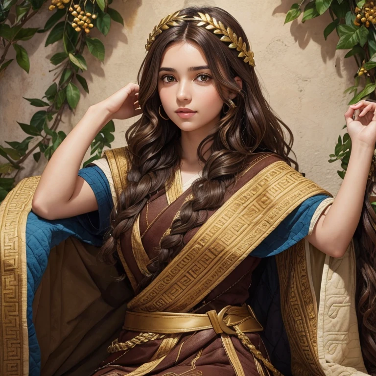 Young woman with brown eyes and wavy brown hair tied in a half quilt with a golden laurel wreath and a Greek outfit 