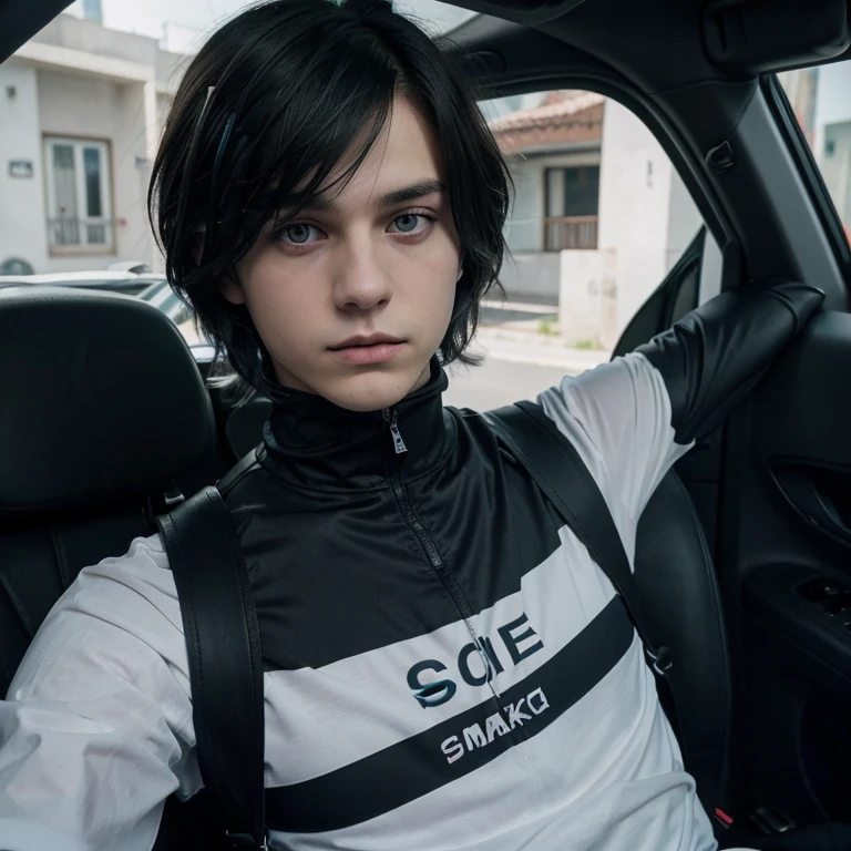 Polish emo boy short dark brown hair, blue-gray eyes, very white complexion, similar to the character Dominik Santorski from the movie Suicide Room, dressed as an emo from 2000, Height 1.91cm, very thin, very handsome , Do it in Mexico by taking a selfiie In his car, make him black clothes