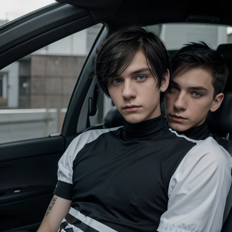 Polish emo boy short dark brown hair, blue-gray eyes, very white complexion, similar to the character Dominik Santorski from the movie Suicide Room, dressed as an emo from 2000, Height 1.91cm, very thin, very handsome , Do it in Mexico by taking a selfiie In his car, make him black clothes
