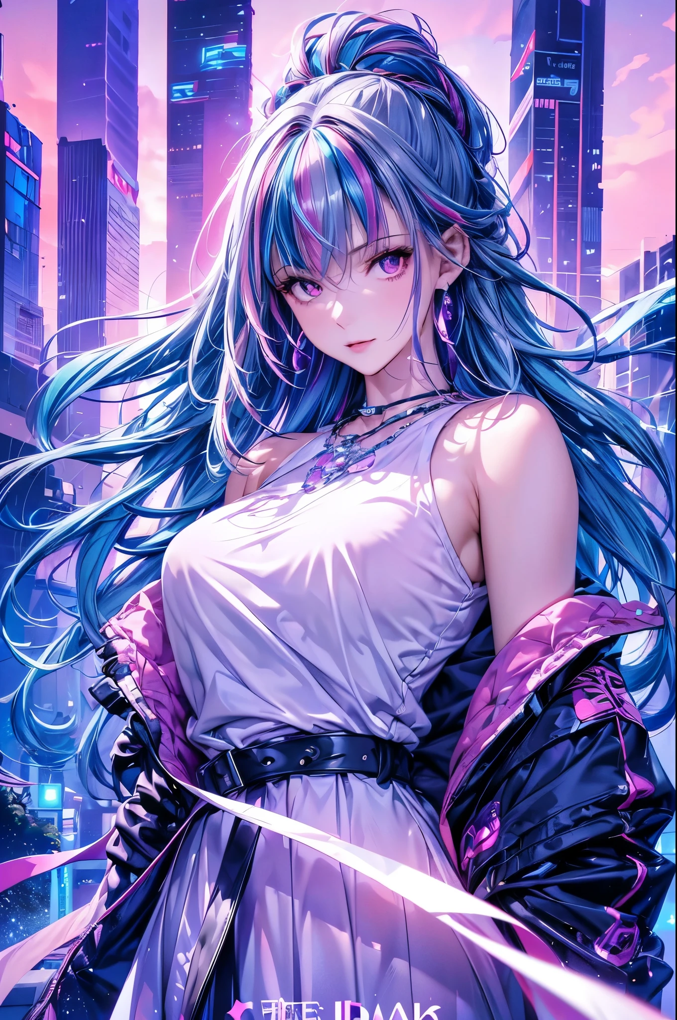 1 girl, 20 year old girl, one person, (Silver blue hair streaked pink purple:1.4), (Gradient sky blue hair ends:1.6), hair strand, absurdly long hair, single sidelock, wavy hair, shiny hair, floating hair, (Illusion deep purple eyes), delicate eyes, aqua eyes, super high detailed eyes, long upper eyelashes, ((glowing eyes)), makeup, Focus on face, Very detailed facial, Pretty Face, Perfect breasts, hot body, (Delicate skin texture:1.2), break, White extra long skirt, Fashion Clothing, necklace, Technical clothing masterpiece, on the street, looking at the starry night sky, meteor, cyberpunk, detailed background, perfect layer cut, clean focus, (magazine:1.3), (cover-style:1.3), Octane Render, Tyndall effect, lifelike, Dark Studio, Side light, Two-color lighting, realism, chiaroscuro, (glowing light), sparkle, ray tracing, cinematic lighting, Futurism, motion blur, atmospheric perspective, Depth of Field, Bokeh, best quality, UHD, super detail, masterpiece, highres, ccurate, retina, anatomically correct